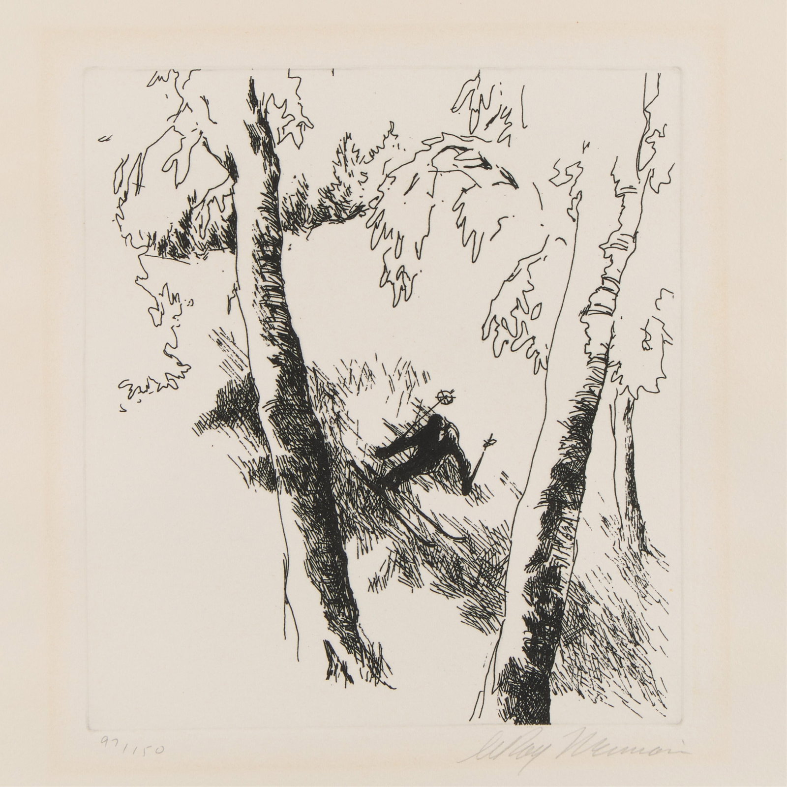 LeRoy Neiman "Ski Suite" Etching 1972: LeRoy Neiman (American, 1921-2012). Etching on Rives paper from the "Ski Suite," ca. 1972. Depicting a skier speeding through a forested area. Pencil signed along the lower right and editioned 97/150 