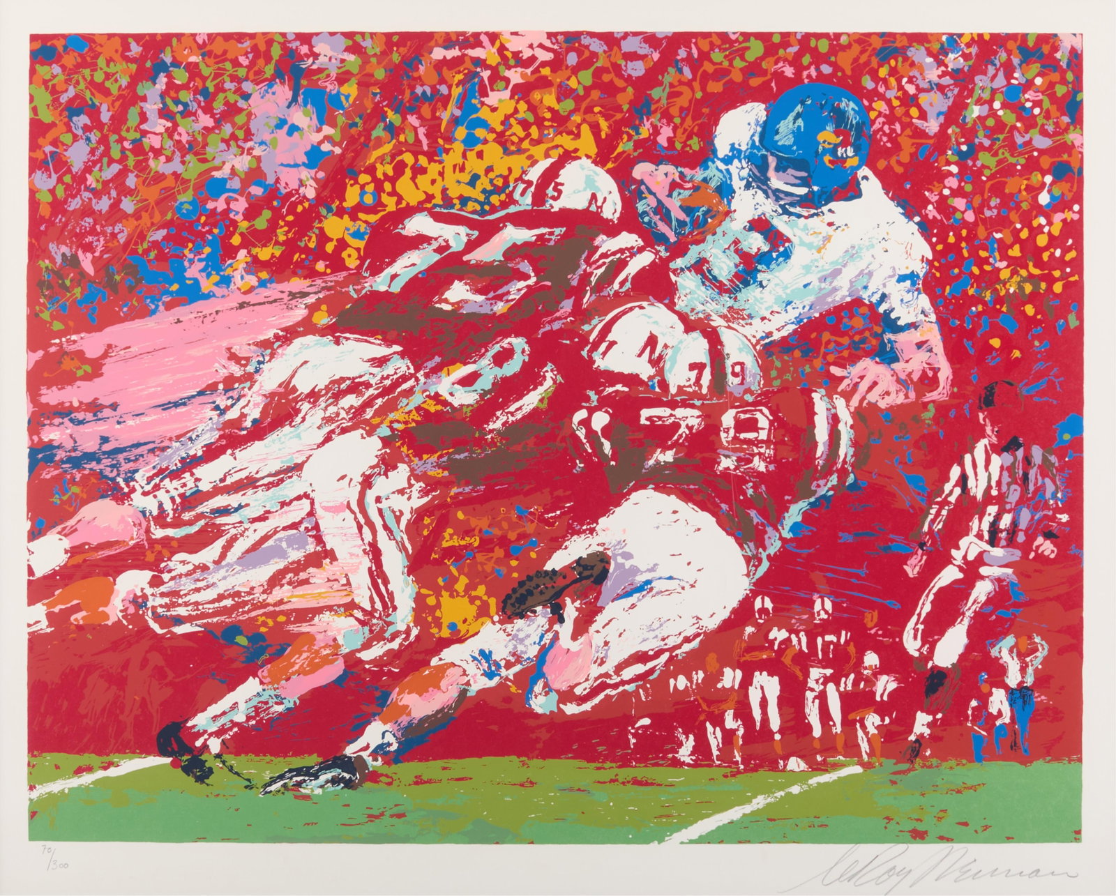LeRoy Neiman "Game of the Century" Silkscreen: LeRoy Neiman (American, 1921-2012). Silkscreen on paper print titled "Game of the Century," from the "Nebraska" suite, 1974. Pencil signed along the lower right; numbered 70/30 along the lower left. S