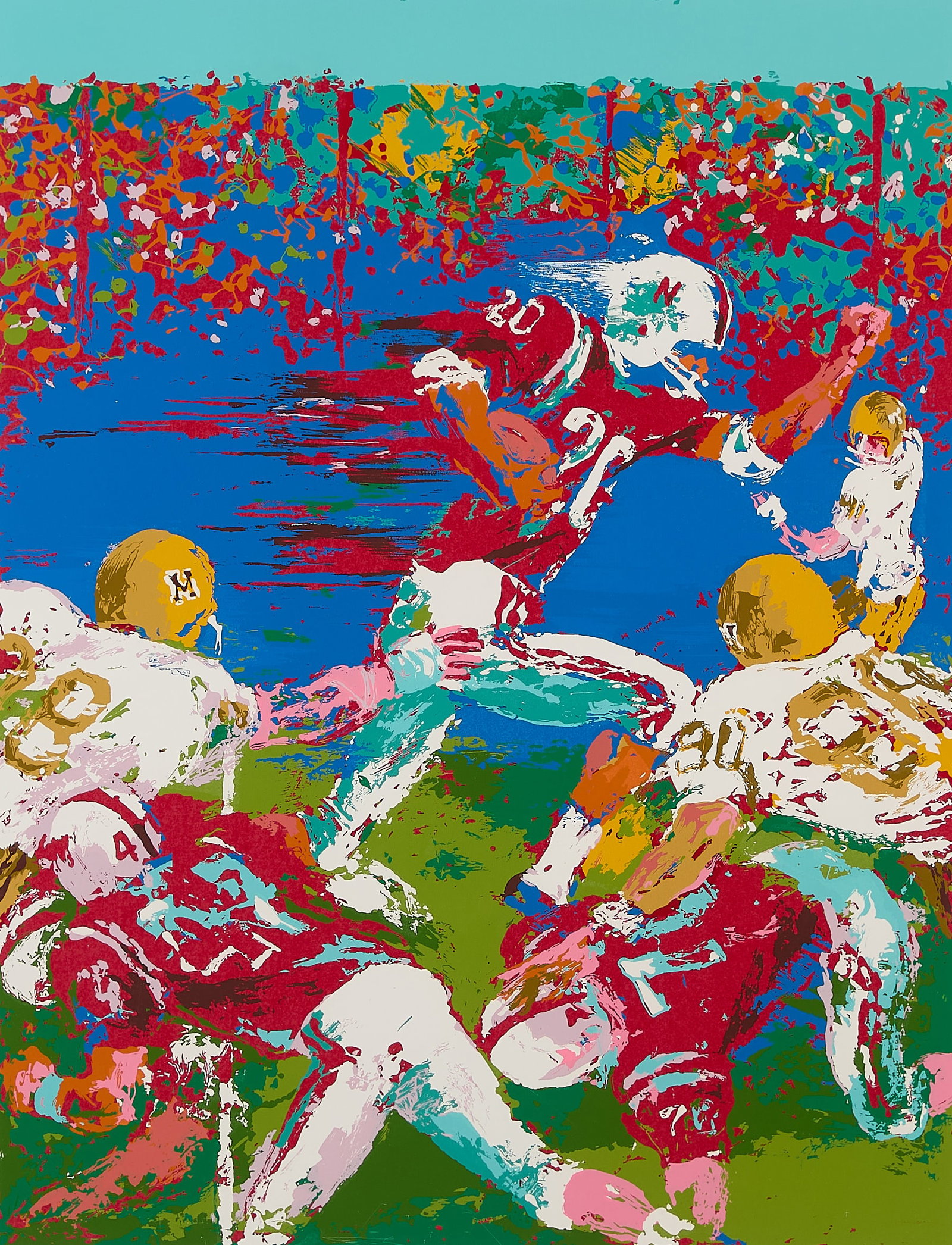 LeRoy Neiman "Breakaway" Silkscreen: LeRoy Neiman (American, 1921-2012). Silkscreen on paper print titled "Breakaway," from the "Nebraska" suite. Pencil signed along the lower right and numbered 70/300 along the lower left. Sight; height