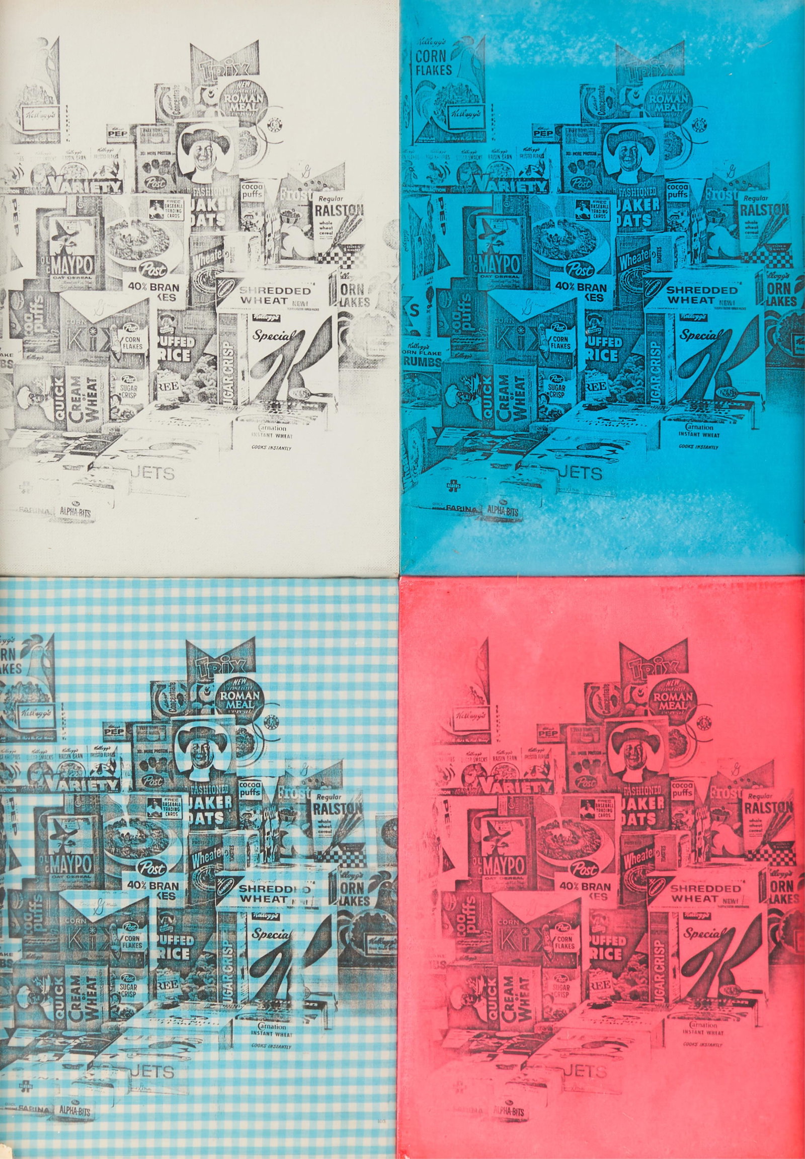 Billy Apple "Untitled (Cereal Boxes)" Silkscreen: Billy Apple (New Zealander, 1935-2021). Silkscreen print on fabric depicting classic American breakfast cereals, including Corn Flakes, Shredded Wheat, and Puffed Rice. Organized in a four-panel layou