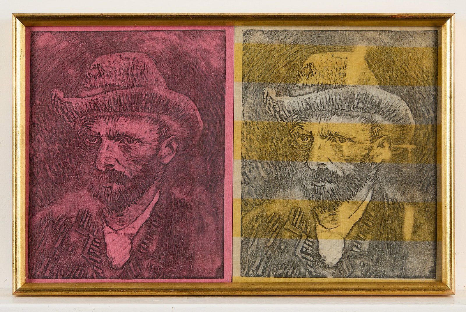 Billy Apple "Double Vincent Van Gogh" Silkscreen: Billy Apple (New Zealander, 1935-2021). Silkscreen print on fabric depicting a double portrait of Vincent Van Gogh. Organized in a two-panel layout with identical central images differentiated by dist
