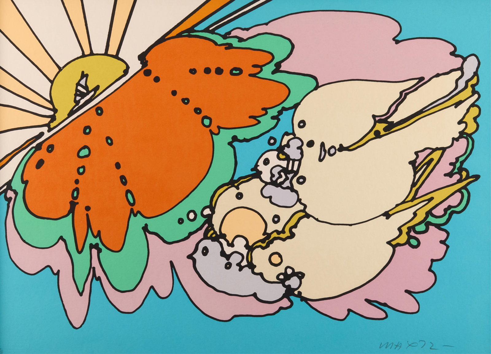 Peter Max "George McGovern Peace Motif" Serigraph: Peter Max (German/American, b. 1937). Serigraph print on paper titled "George McGovern Peace Motif", 1972. Pencil signed and dated along the lower right; editioned 52/250 and blindstamped along the lo