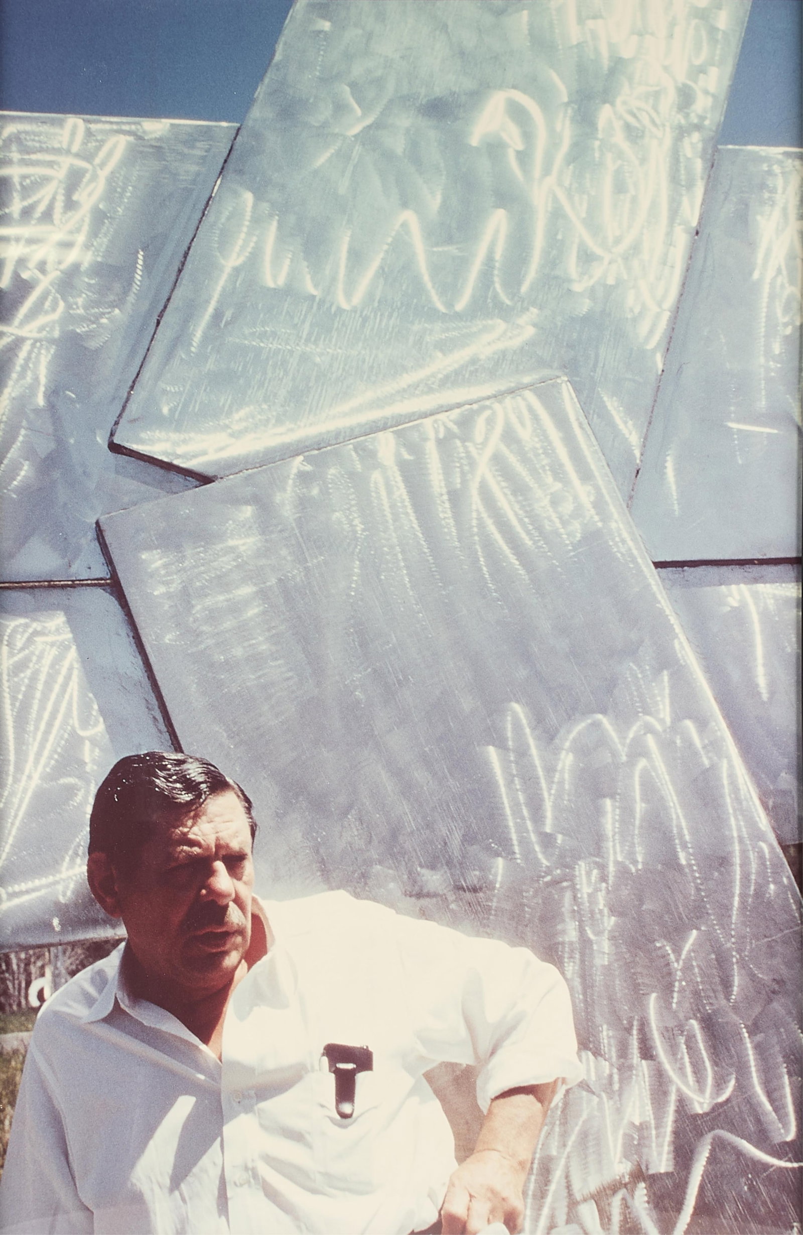 Alexander Liberman "David Smith" Ektacolor 1965: Alexander Liberman (American, 1912-1999). Ektacolor photograph on resin coated (RC) paper titled "David Smith, Bolton Landing, NY," 1965. Depicting the titular abstract expressionist sculptor standing
