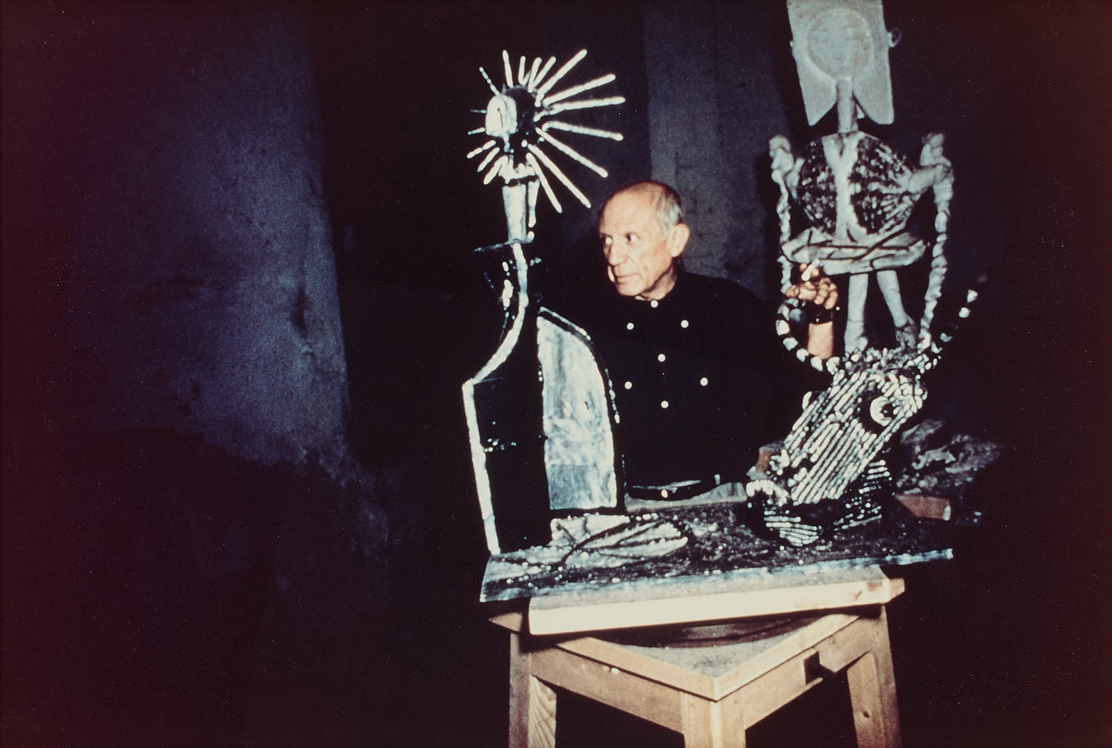 Alexander Liberman "Pablo Picasso" Ektacolor RC: Alexander Liberman (American, 1912-1999). Ektacolor photograph on resin coated (RC) paper titled "Pablo Picasso, Vallauris, France Studio." Depicting the titular artist beside a large abstract sculptu