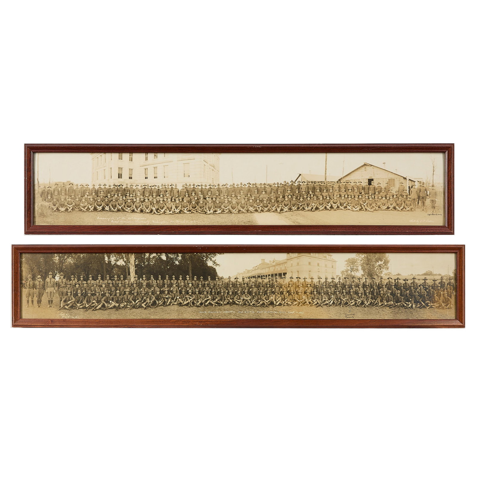 2 WWI United States Military Bases Photographs: Group of two photographs depicting World War I soldiers stationed at United States bases. Including one photograph depicting the Sixth Company Infantry of the 2nd Reserve Officers' Training Corps (ROT