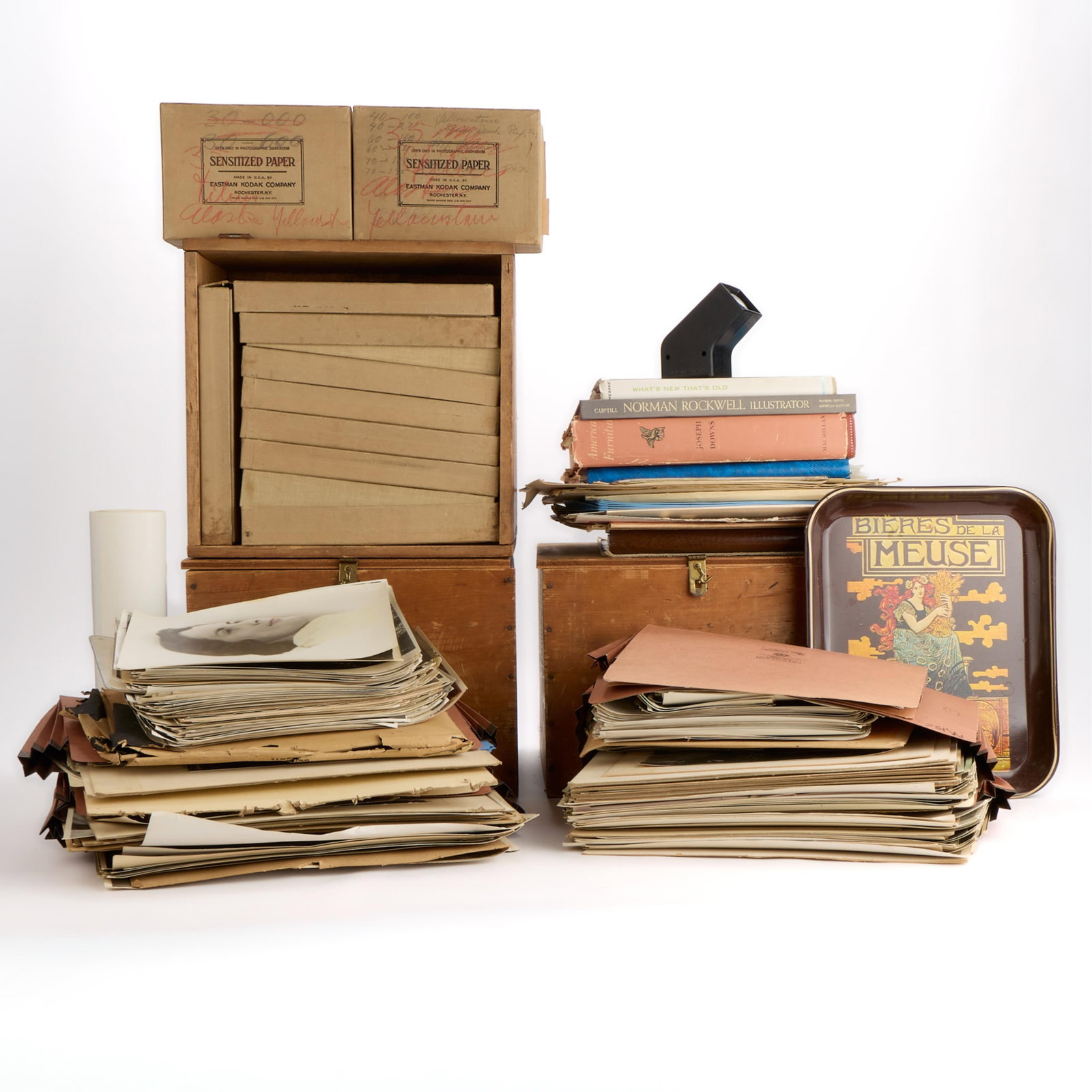 Archive Collection of Photographs & Ephemera: Archive collection of photographs and ephemera. Including a German made film viewer, a vintage "Bieres de la Meuse" metal serving tray, multiple art books such as Arthur Guptill's "Norman Rockwell, Il