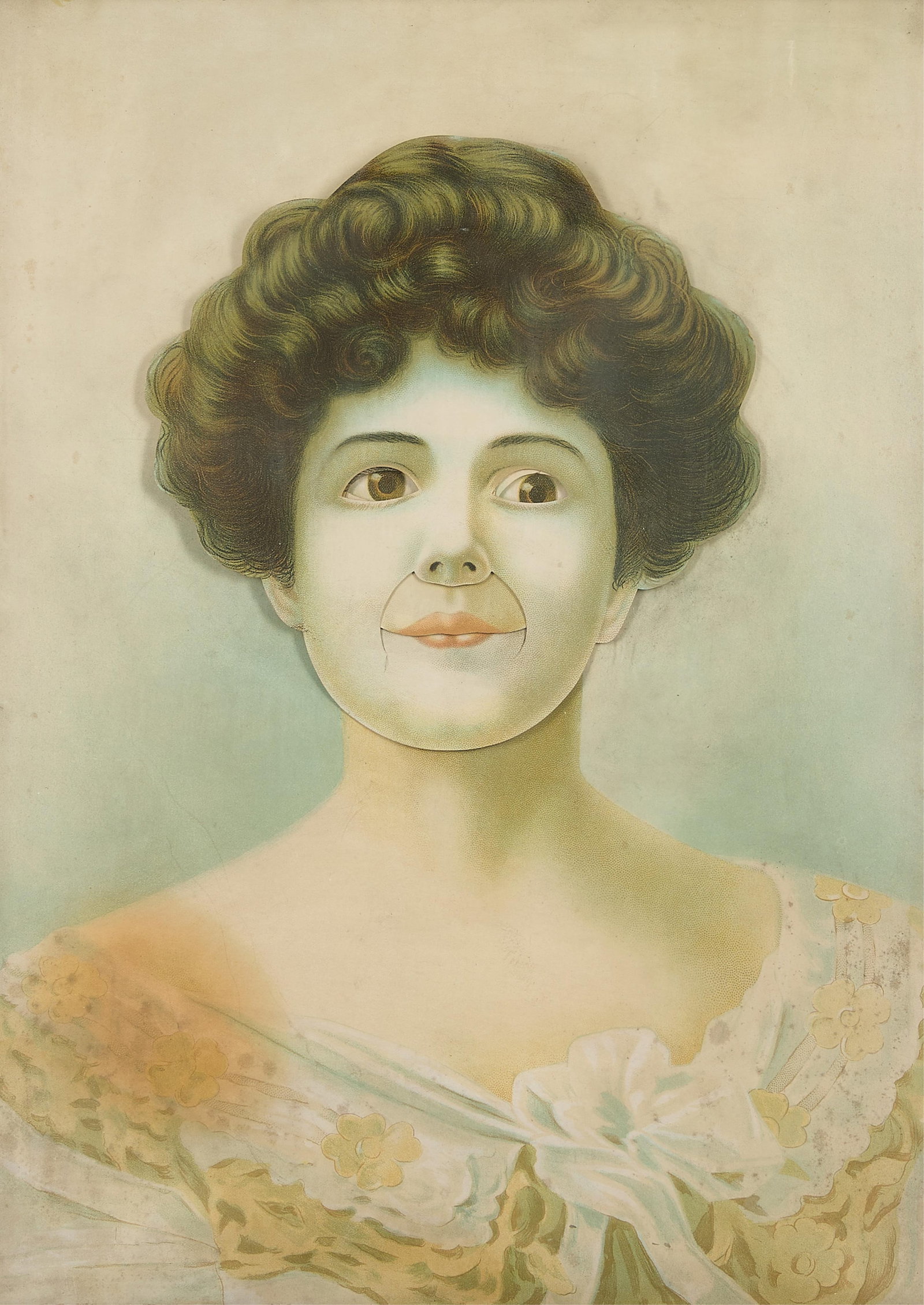 Hoyt Life Living Picture "Gibson Girl" Automaton: Hoyt Life Picture, United States. Living Picture lithographed clockwork automaton portrait depicting a young woman with curled, dark brown hair, ca. early 1900s. With articulated head, eyes, eyelids, 