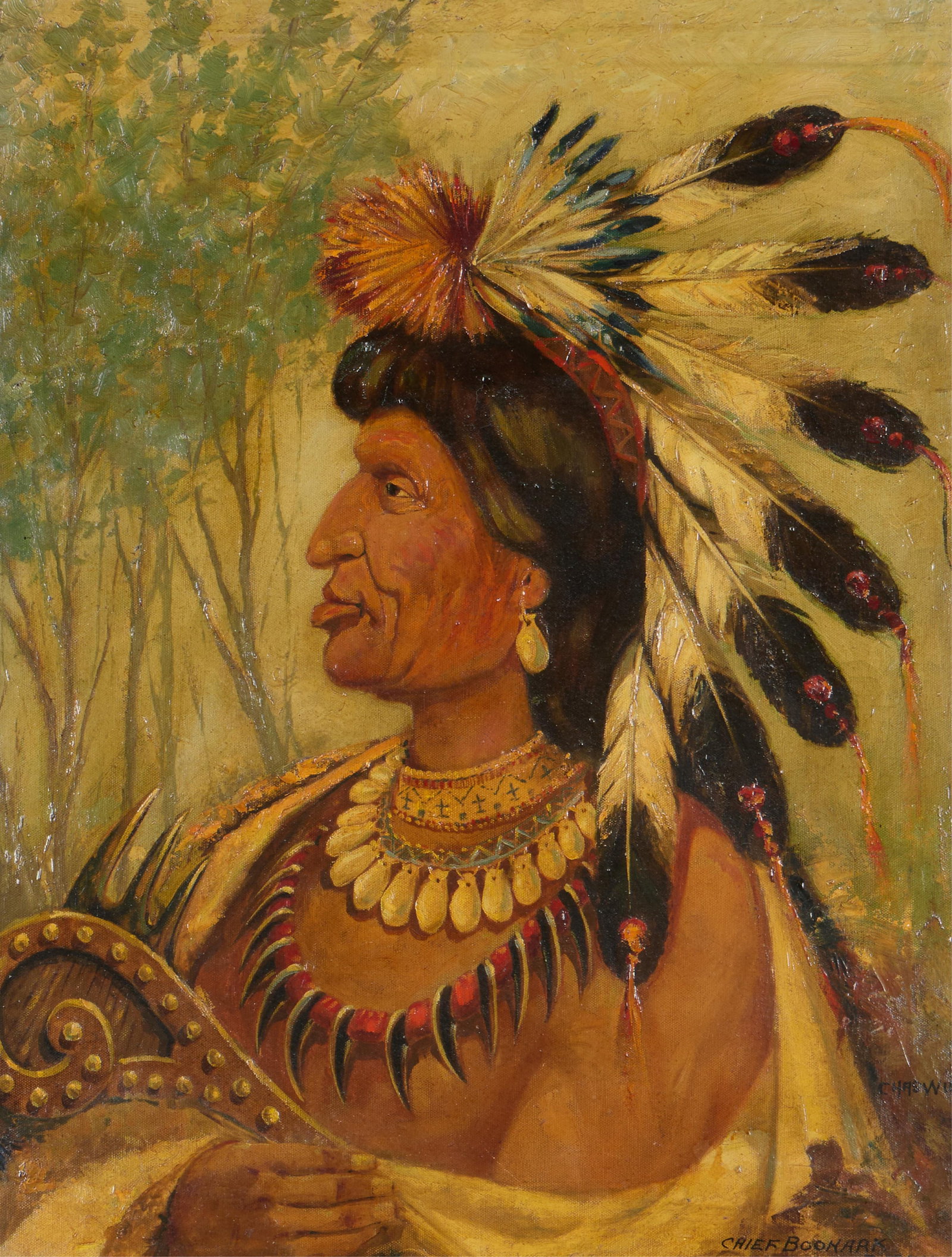 Charles Willim "Chief Boonark" Portrait Painting: Charles Willim (American, 1870-1960). Oil on canvas portrait painting titled "Chief Boonark, Bannacks." Featuring a profile of Boonark, Chieftain of the Bannock, wearing a feathered war bonnet and a b