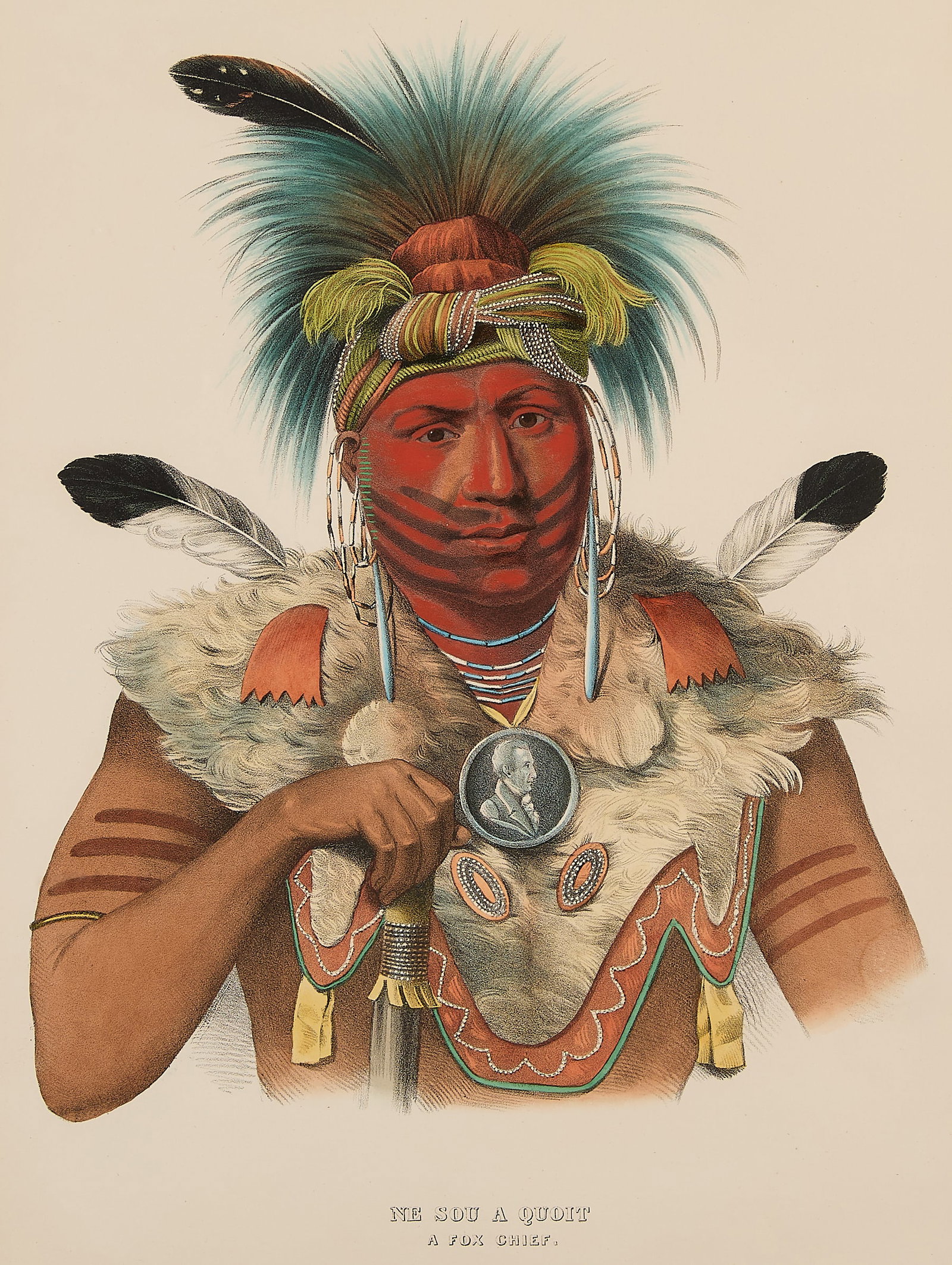 Aft. Charles Bird King "Ne-Sou-A-Quoit" Lithograph: After Charles Bird King (American, 1785-1862). Attributed to John T. Bowen (English/American, 1801-1856). Lithograph with watercolor embellishments titled "Ne Sou A Quoit: A Fox Chief," from Thomas L.