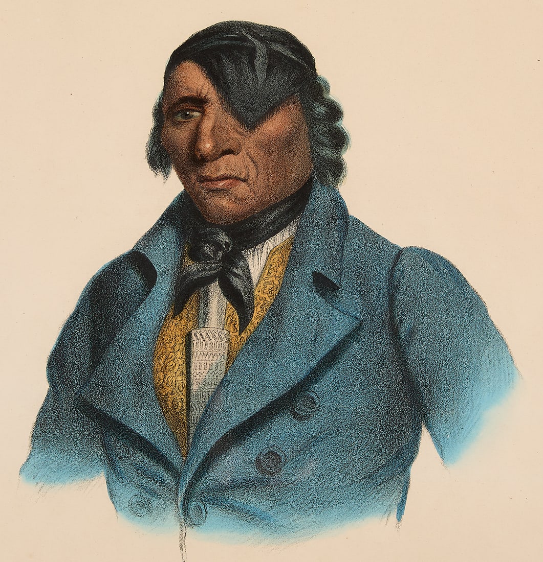 Aft. Charles Bird King "Waa-Pa-Shaw" Lithograph: After Charles Bird King (American, 1785-1862). Attributed to John T. Bowen (English/American, 1801-1856). Lithograph with watercolor embellishments titled "Waa-Pa-Shaw: A Sioux Chief," from Thomas L. 