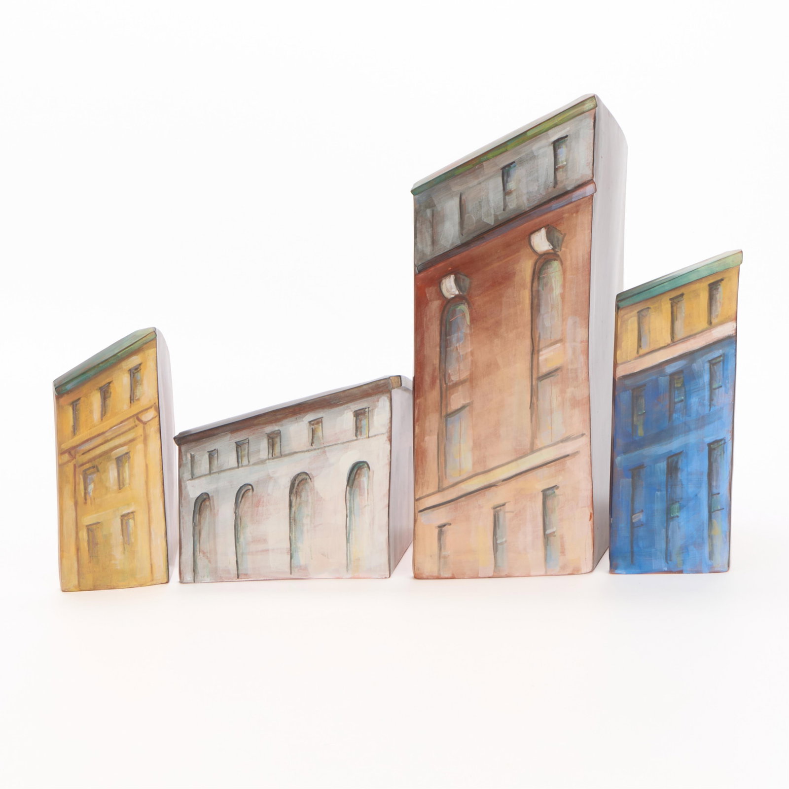 Lidya Buzio "Untitled XVI" Earthenware Cityscape: Lidya Buzio (American, 1948-2014). Studio pottery sculpture titled "Untitled XVI," 2002. From the artist's "Cityscapes" series. Earthenware painted with color oxide slips. Comprised of four buildings 