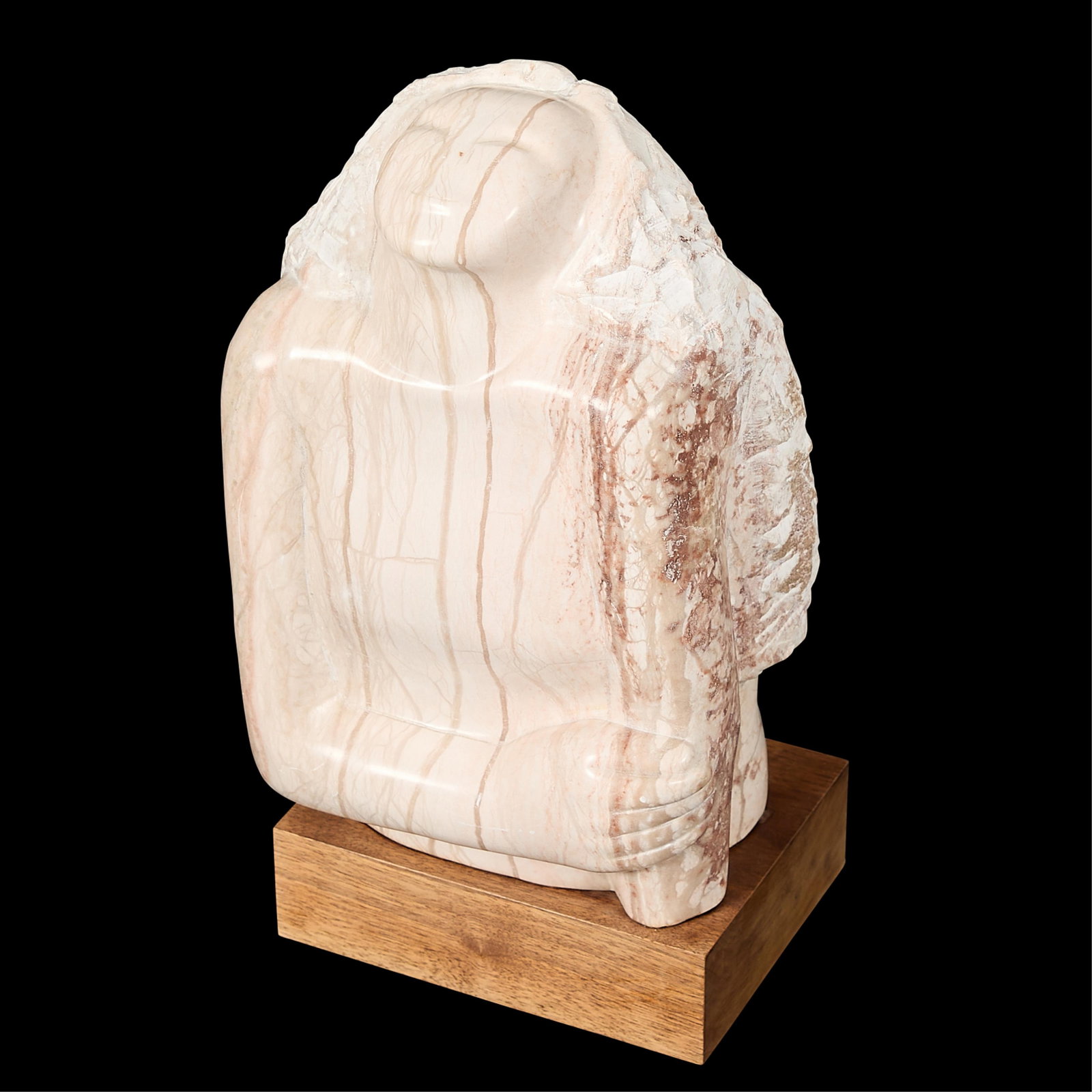 Henrietta Hindy Creamer Marble Sculpture 1979: Henrietta "Hindy" Creamer (American, 20th century). Carved marble sculpture depicting a female figure looking upwards, with her right hand holding her left forearm, 1979. Incised signature and dated a