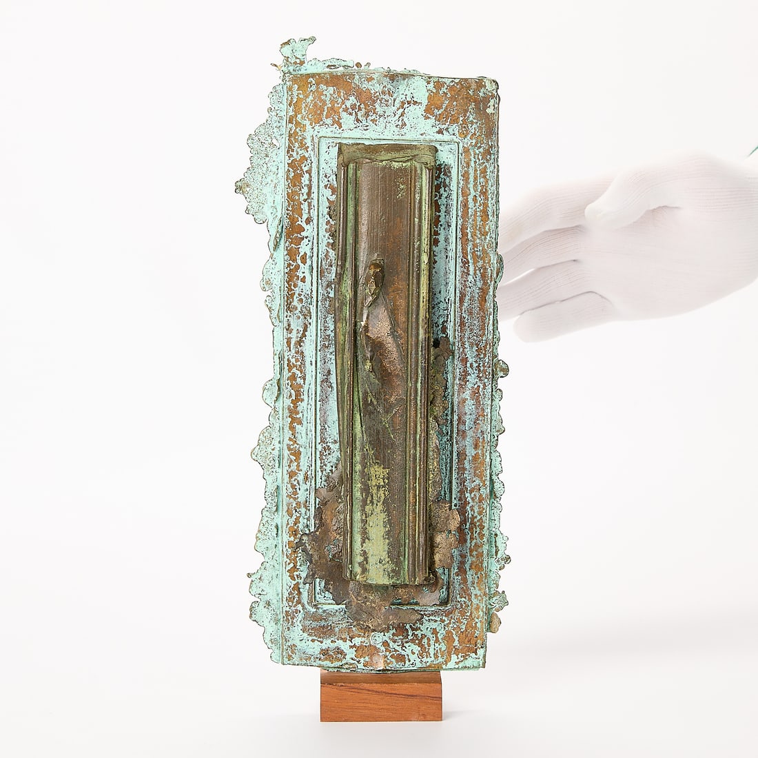 Alan Gamache Abstract Figurative Bronze Plaque: Alan Gamache (American, 20th century). Bronze sculptural plaque depicting an abstracted and elongated figure along the center, over a richly textured rectangular backplate with verdigris patina. Prove
