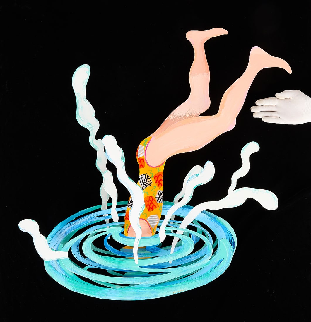 David Gerstein "Splash" Steel 3D Wall Sculpture: David Gerstein (Israeli, b. 1944). Hand-painted 3D steel wall sculpture titled "Splash," depicting the dynamic moment of a woman diving into water. Signed and numbered 93/295 along the lowest ring of 