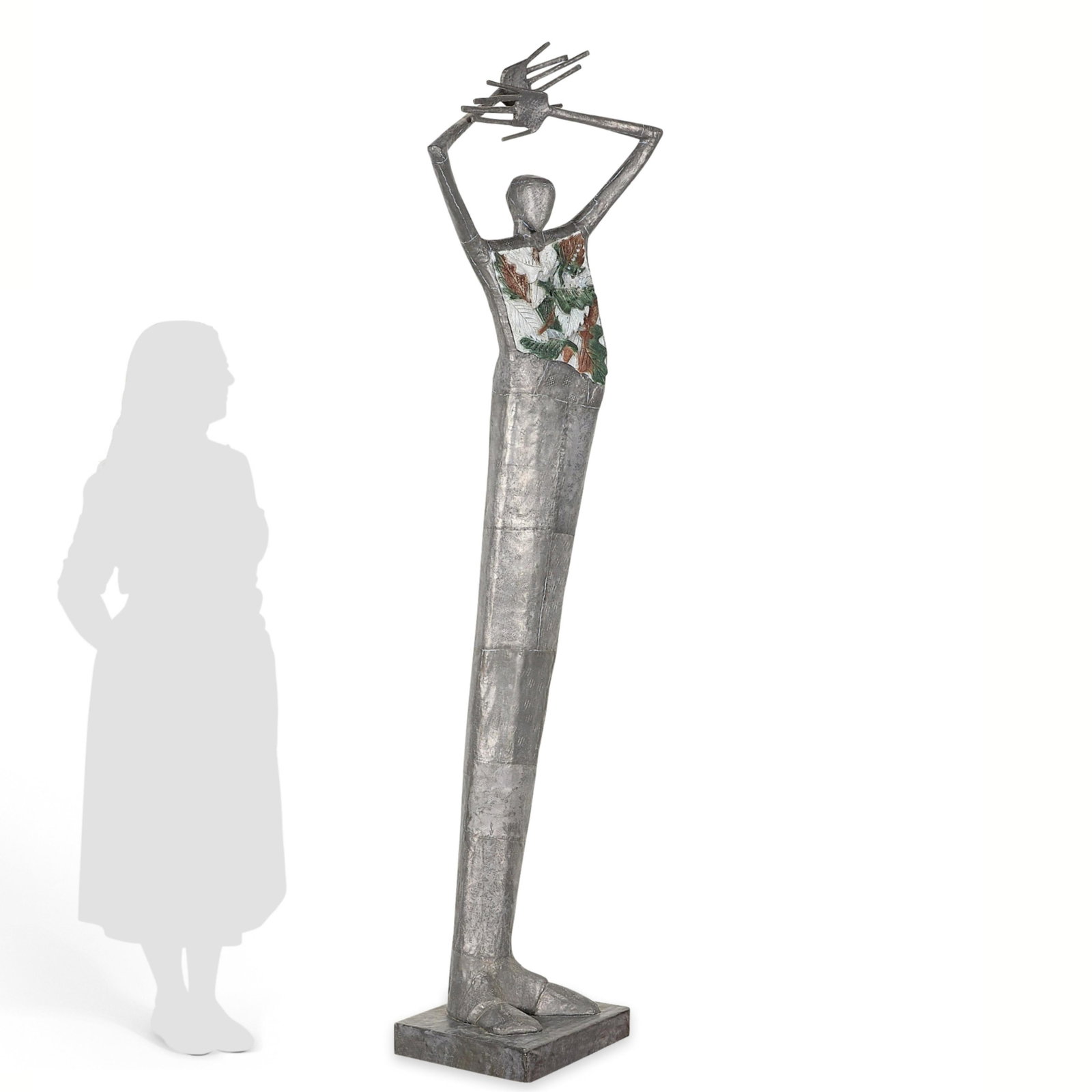 Leslie Hawk Modernist Lead Mosaic Sculpture: Leslie Hawk (American, 1953-2002). Large modernist lead and concrete sculpture titled "The Woman Who Discovered Tranquility." Depicting a tall, elongated figure with a carved glass mosaic along her ch