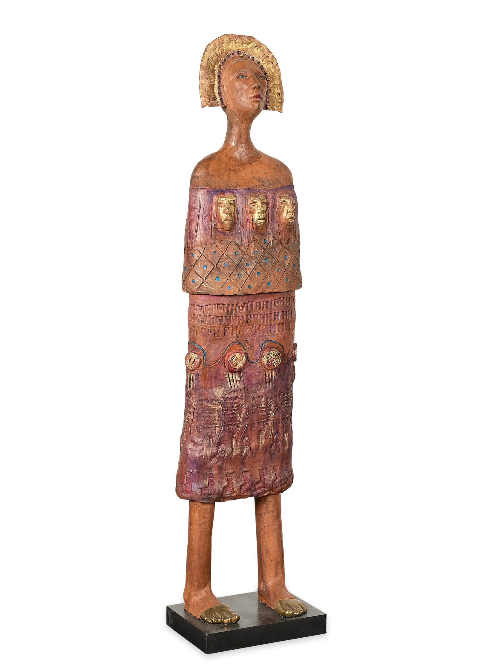 Naida Seibel Mixed Media Figural Sculpture: Naida Seibel (American, 1933-2026). Mixed media figural sculpture depicting an elongated female figure with a tall and slender neck, three gilt mask forms along the chest, and a stylized, radiating he
