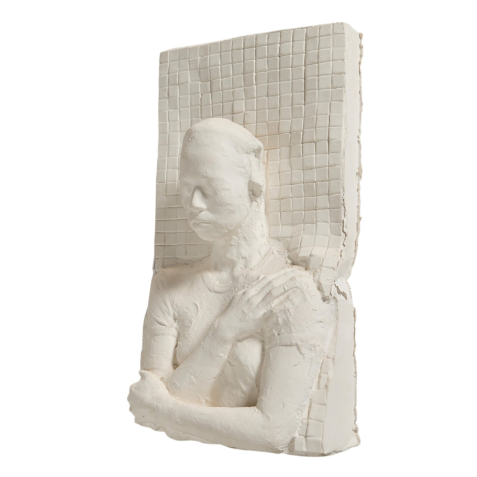 George Segal "Woman Against Wall" Sculpture 1982: George Segal (American, 1924-2000). High-relief pressed paper sculpture titled "Oriental Woman Against Tile Wall," 1982. Depicting a woman with her eyes closed and arms crossed over her chest leaning 