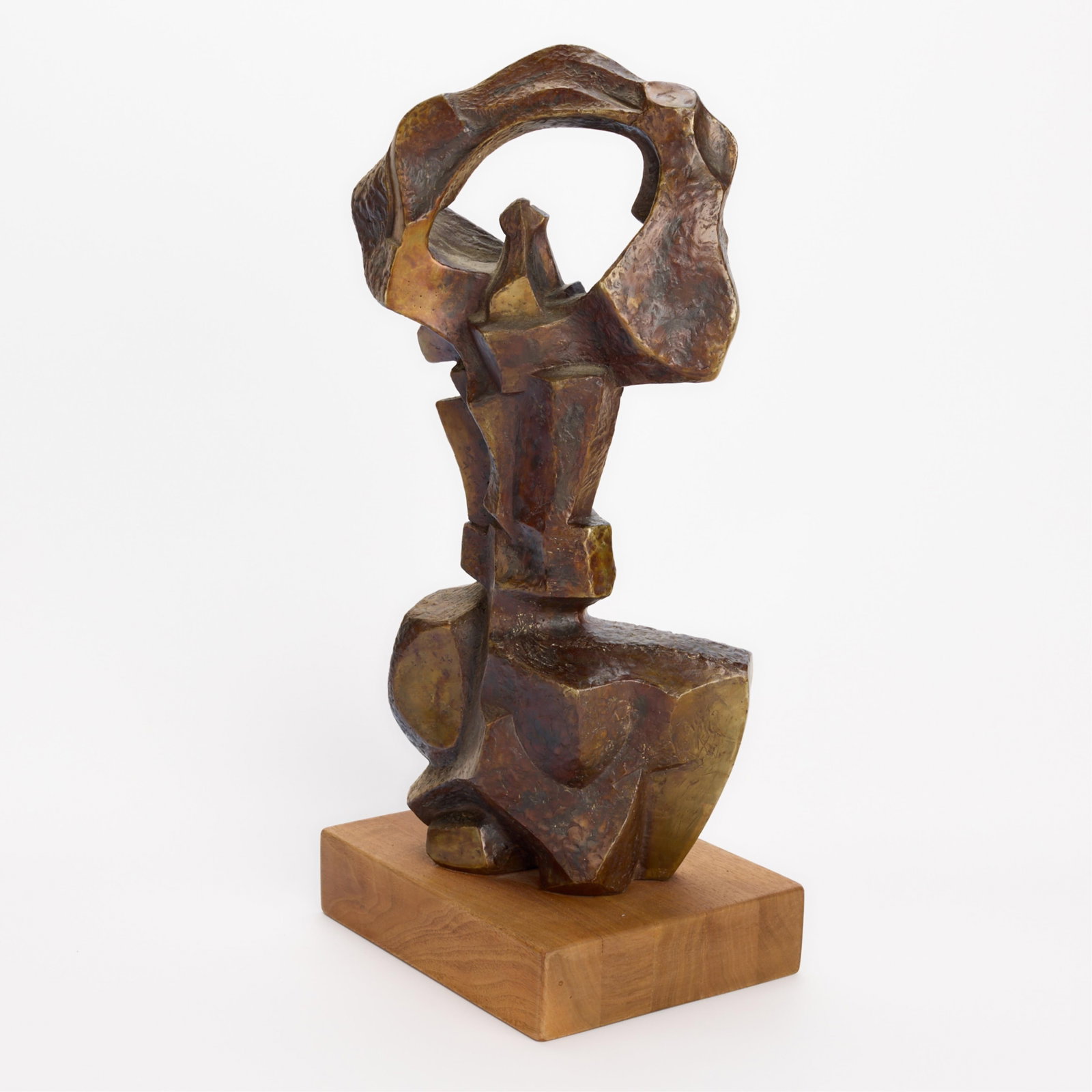 Jim Bass "Woman w/ Banner" Cubist Bronze 1977: Jim Bass (American, 1933-2020). Bronze cubist sculpture titled "Woman w/ Banner," 1977. Depicting an abstract figural form with raised arms. Incised signature, dated, and editioned 1/10 along the vers