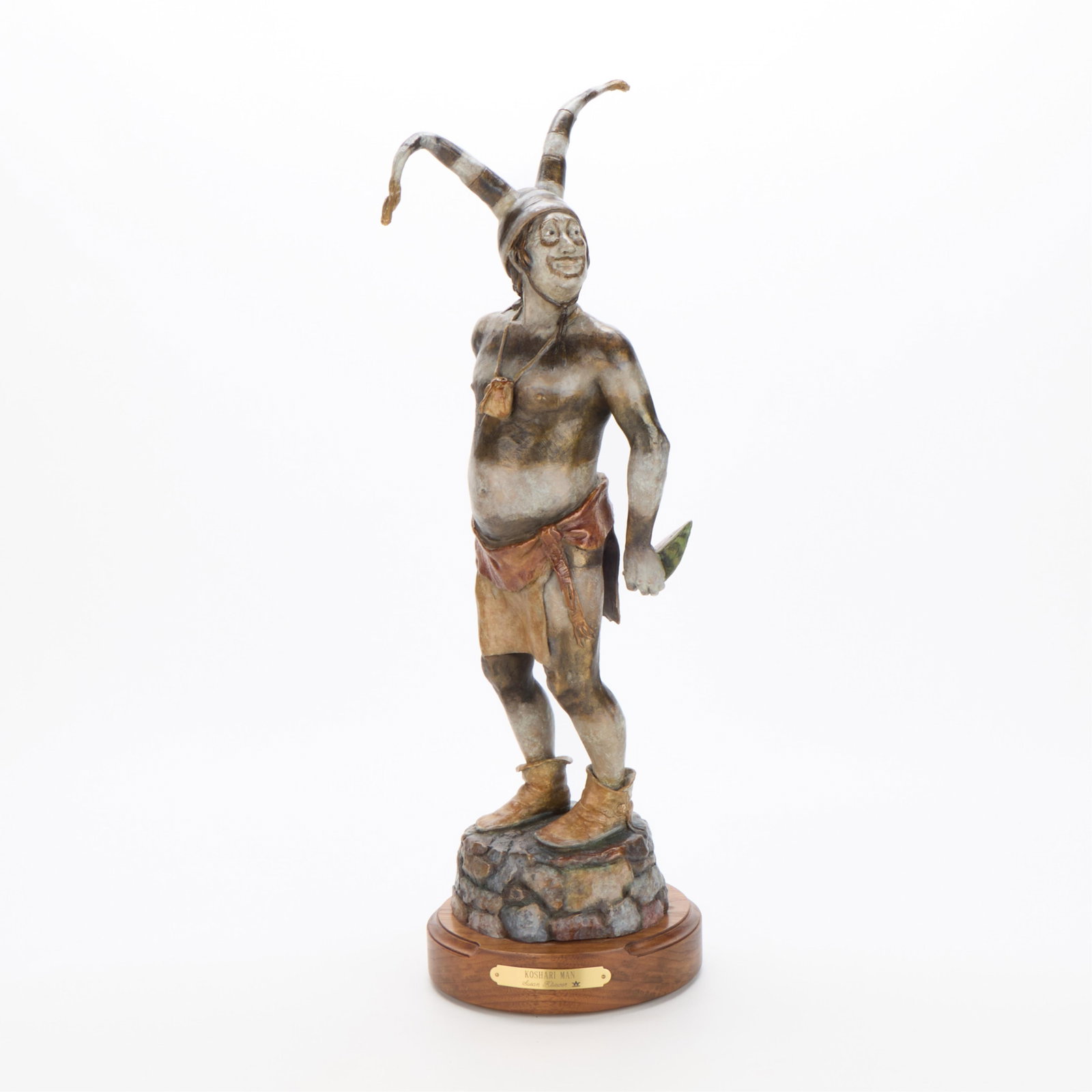 Susan Kliewer "Koshare Man" Bronze Sculpture: Susan Kliewer (American, b. 1940). Patinated bronze sculpture titled "Koshare Man," 21st century. Depicting the titular Pueblo or sacred clown from Hopi tradition known for mimicking human behavior to