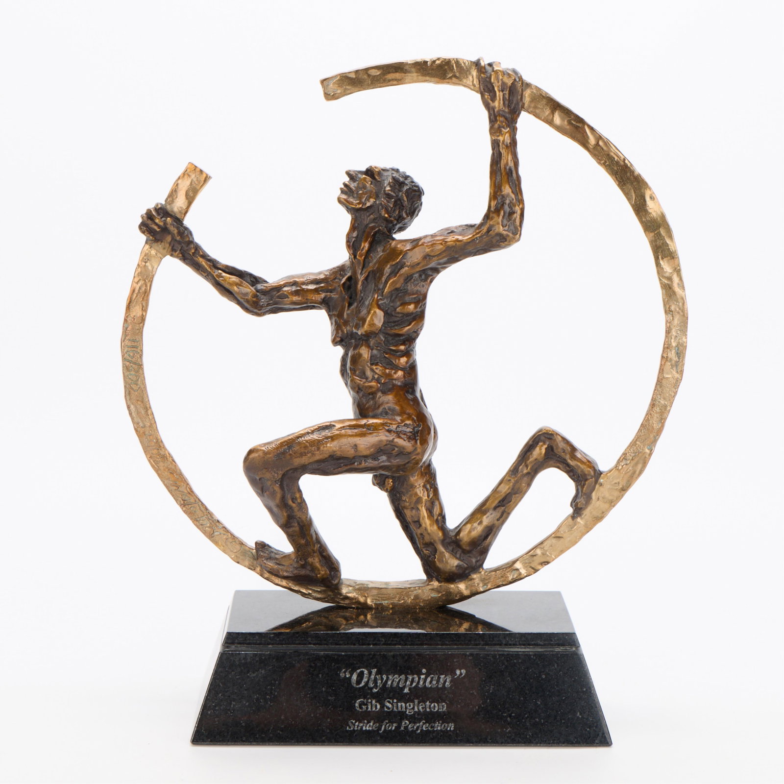 Gib Singleton "Olympian" Bronze Sculpture 2008: Gilbert Jerome "Gib" Singleton (American, 1935-2014). Bronze sculpture titled "Olympian: Stride for Perfection," 2008. Depicting a male figure mid-stride, with each hand grasping an incomplete ring th