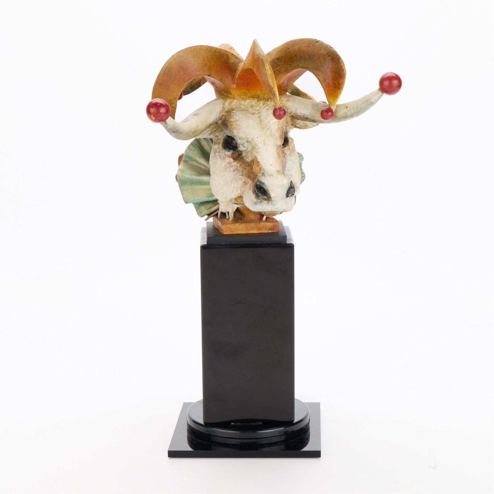 Theodore Gall "Carnival Bull" Metamorphic Bronze: Theodore "Ted" Gall (American, b. 1941). Painted metamorphic bronze sculpture depicting a bull crowned by a jester's hat, 20th century. From the artist's "Carnival" series. The head can be lifted to r