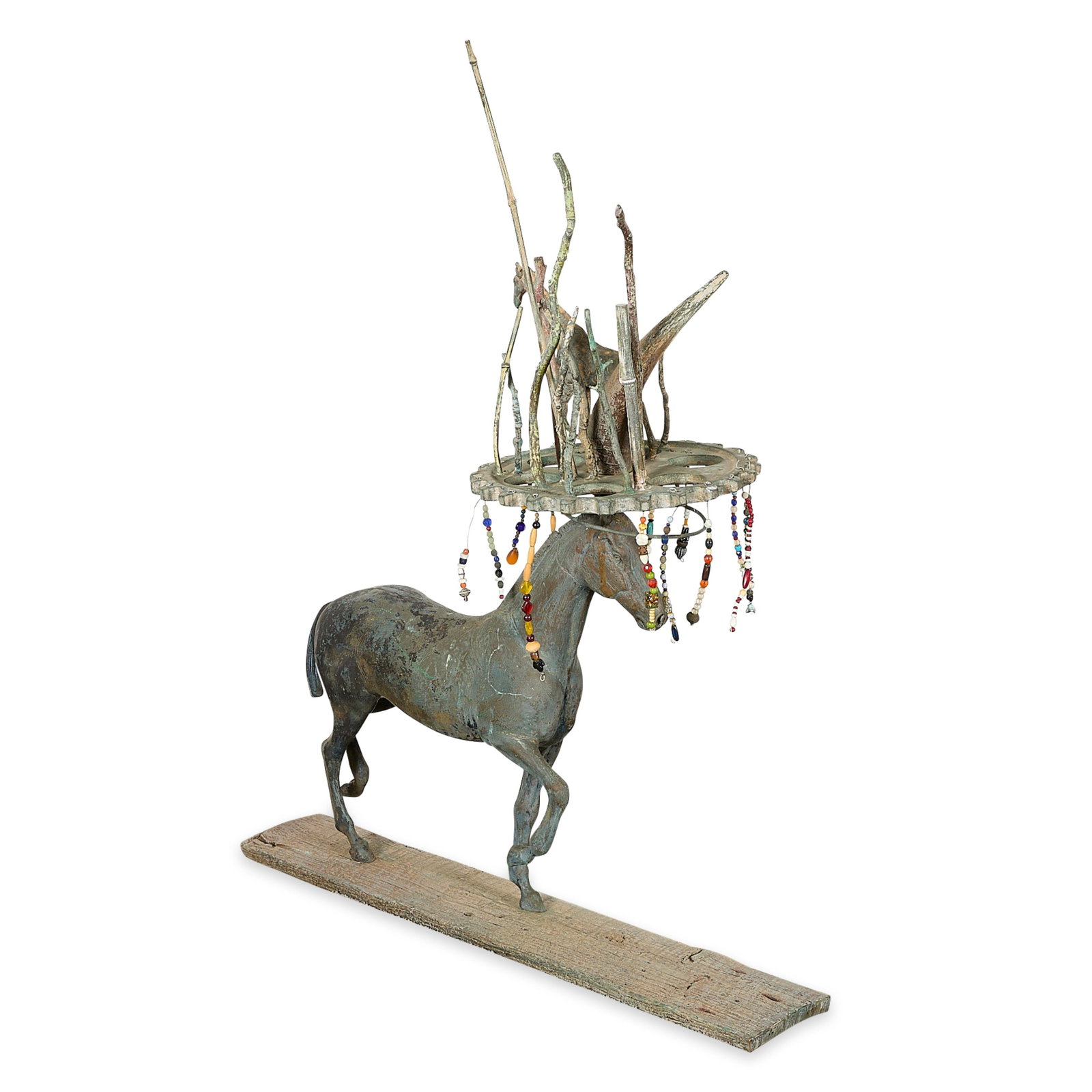 Brad Rude "Full Moon" Mixed Media Sculpture 1998: Brad Rude (American, b. 1964). Mixed media sculpture titled "Full Moon," 1998. Depicting a standing equestrian form surmounted by an industrial gear supporting a giraffe amid arboreal forms in a lands