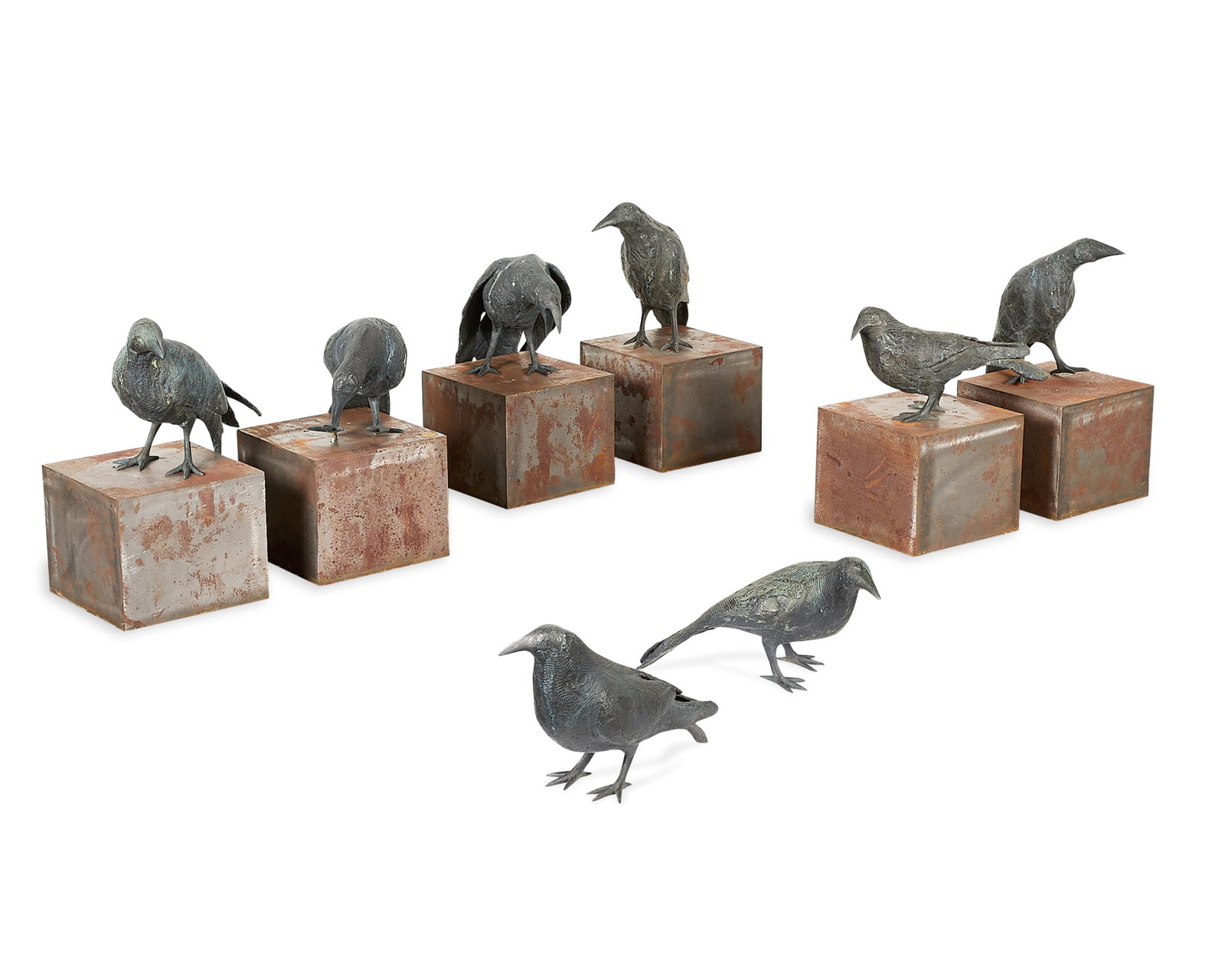 8 Peter Woytuk Bronze "Raven" Sculptures: Peter Woytuk (American, b. 1958). Group of eight bronze "Raven" sculptures, forming an unkindness of ravens. Six ravens surmounted atop metal plinths. Each with incised signature along the tail feathe