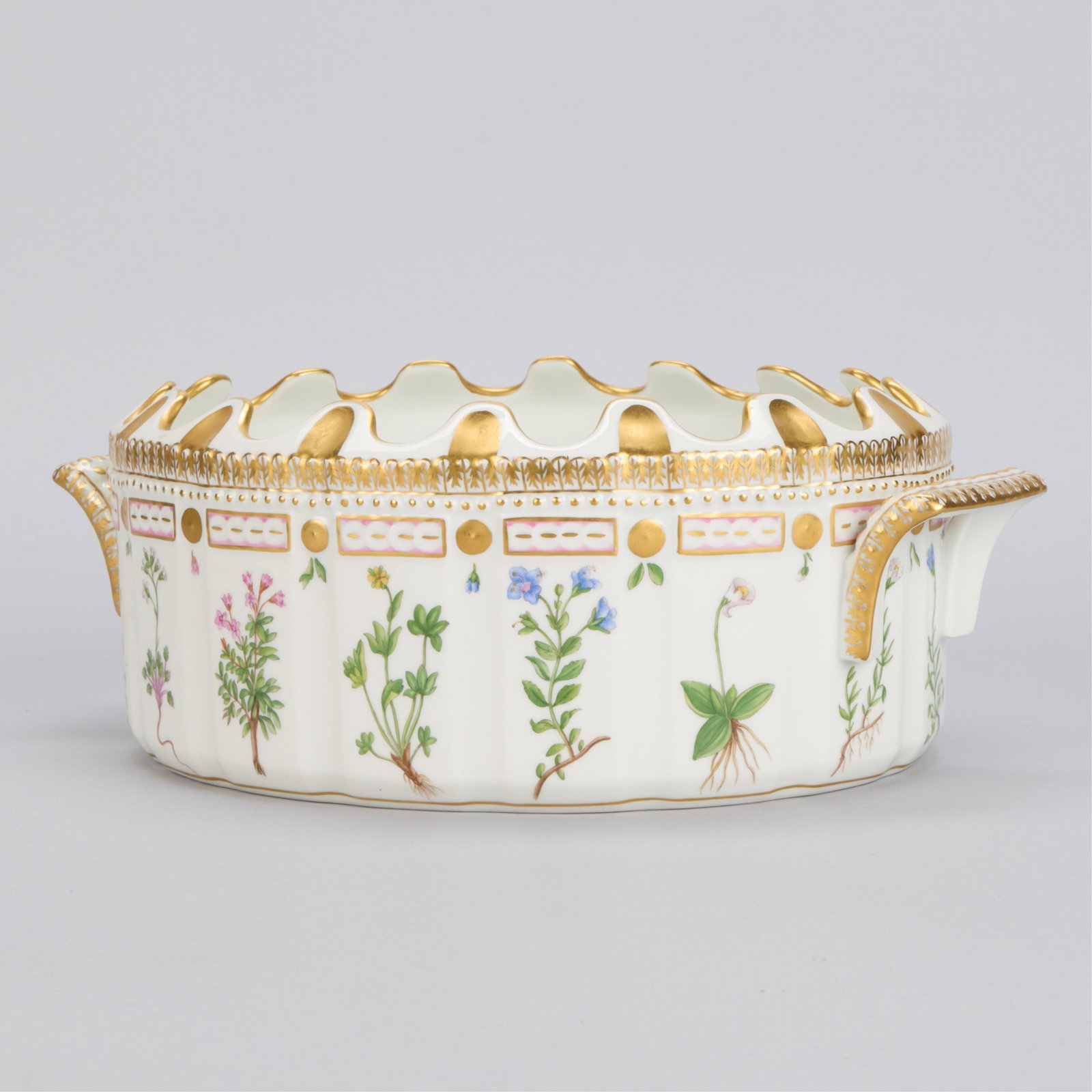 Royal Copenhagen Flora Danica Porcelain Monteith: Royal Copenhagen, Denmark. Porcelain "Flora Danica" botanical pattern scalloped monteith. Numbered in green along the underside "20" over "3531," indicating pattern no. "20" and shape no. "3531." Furt