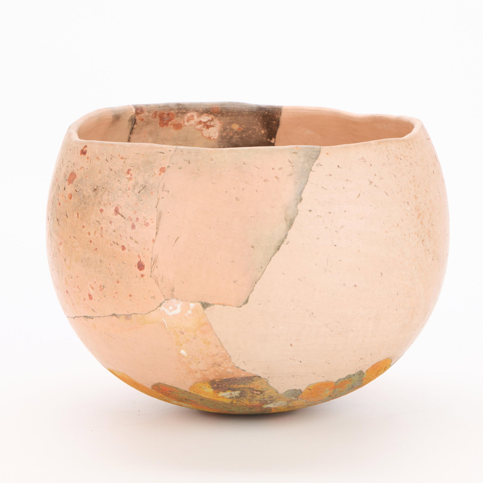Rick Dillingham Studio Pottery Bowl 1980: Rick Dillingham (American, 1952-1994). Studio ceramic reassembled bowl, 1980. Partially glazed and raku fired stoneware. Incised illegibly along the underside, possibly signed "Dillingham," and dated.