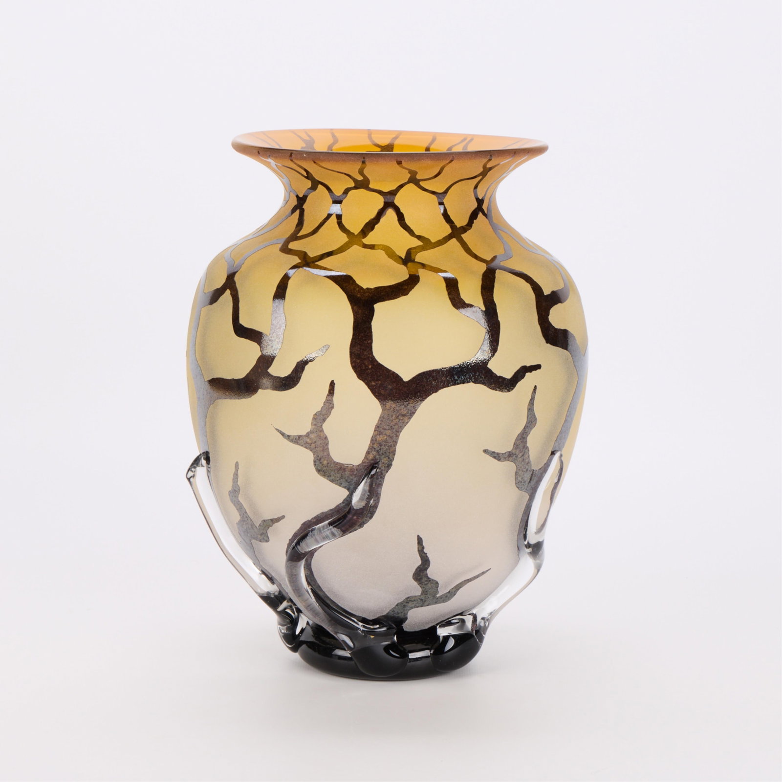 Bernard Katz "Bellied Root" Topaz Art Glass Vase: Bernard Katz (American, 20th/21st century). Hand-blown art glass "Bellied Root" vase, 21st century. From the "Tree and Root" series. Of baluster form, depicting sinuous root forms executed in dark gla
