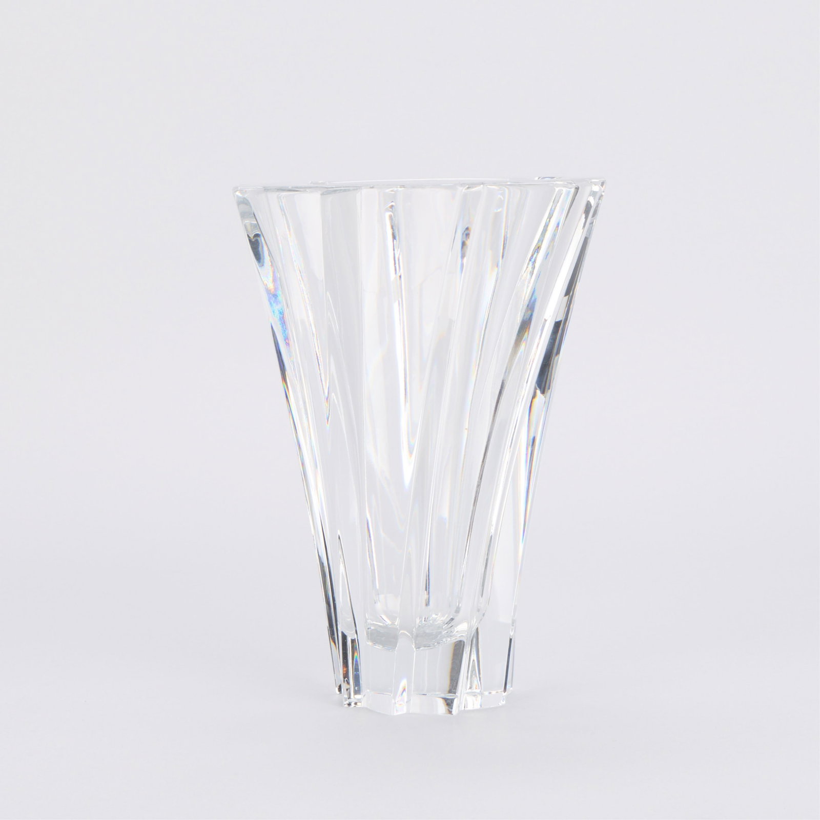 Baccarat Crystal Glass "Objectif" Vase w/ Box: Baccarat, France. Cut-crystal glass "Objectif" vase of angular, geometric form with flared rim, 20th century. With etched maker's mark along the underside and label along the shoulder. Accompanied by 
