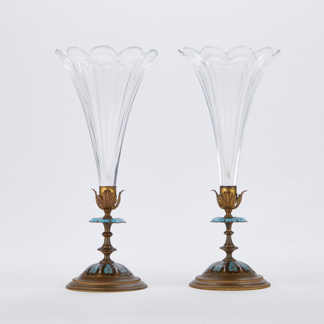 Pr Crystal & Bronze Trumpet Vases (1 of 8)