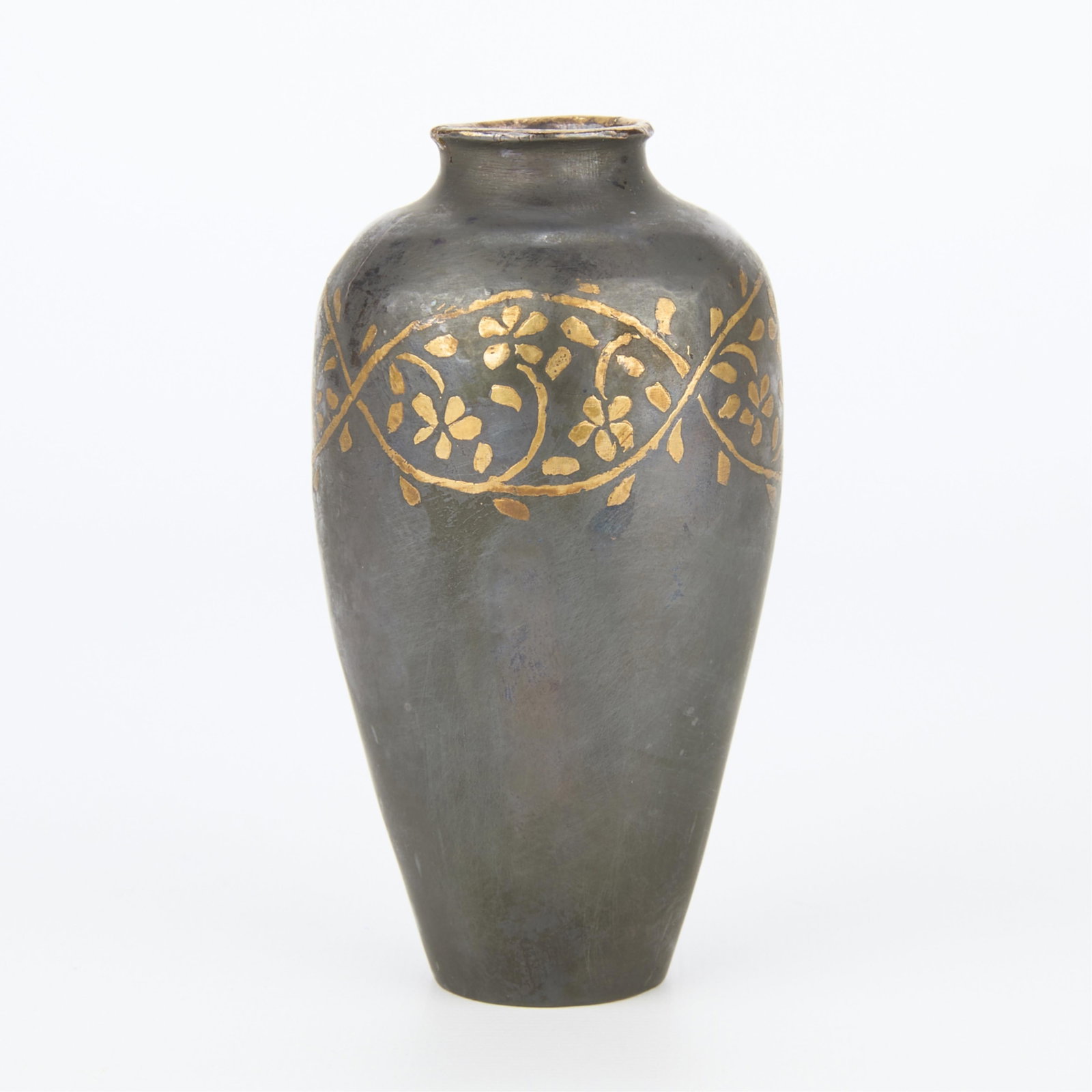 20th c. Christofle Gilt Bronze Dinanderie Vase: Christofle, France. Art Deco gilt bronze dinanderie vase, early 20th century. With gilt floral and foliate motifs winding along the upper third of the exterior. Impressed "Christofle," maker's mark, a