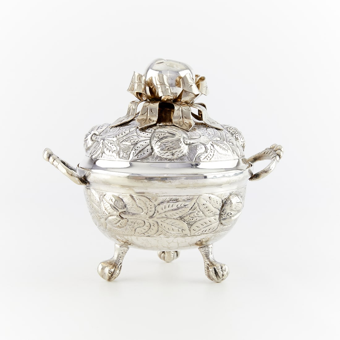 South American Andean Silverplate Coquera Dish: South American Andean lidded silver plate coquera vessel, likely Bolivian or Peruvian. Of globular form resting on three legs terminating in talon-form ball feet. The shoulder flanked by two loop hand