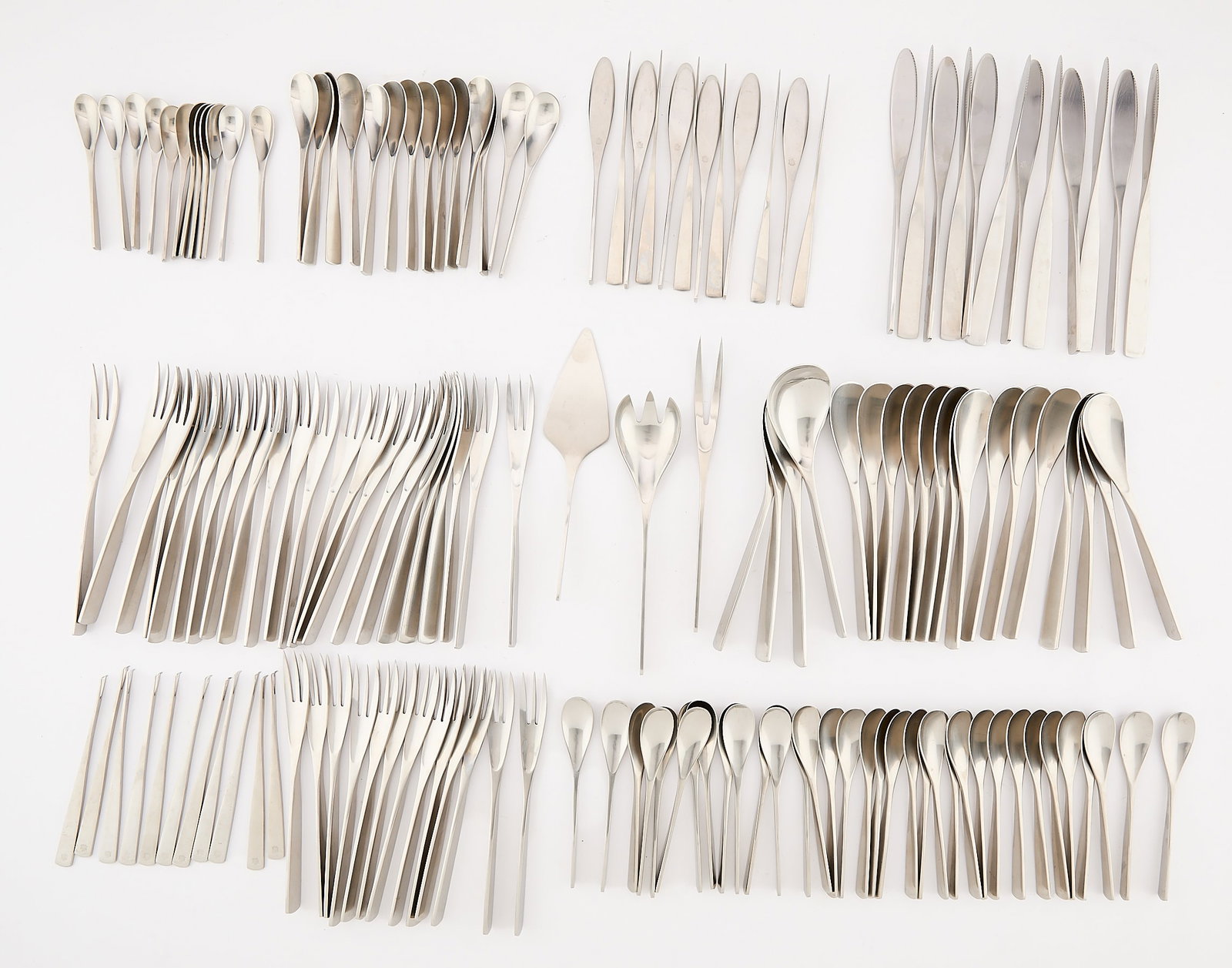Set 153 Pc Hagen Sival "Unique" Stainless Flatware: Johan Hagen (Danish, 20th century) for Sival, Denmark. Set of 153 pieces "Unique" pattern stainless steel flatware service, ca. 1960s. Including: 13 cake or salad forks, 23 dinner forks, 15 soup or ta
