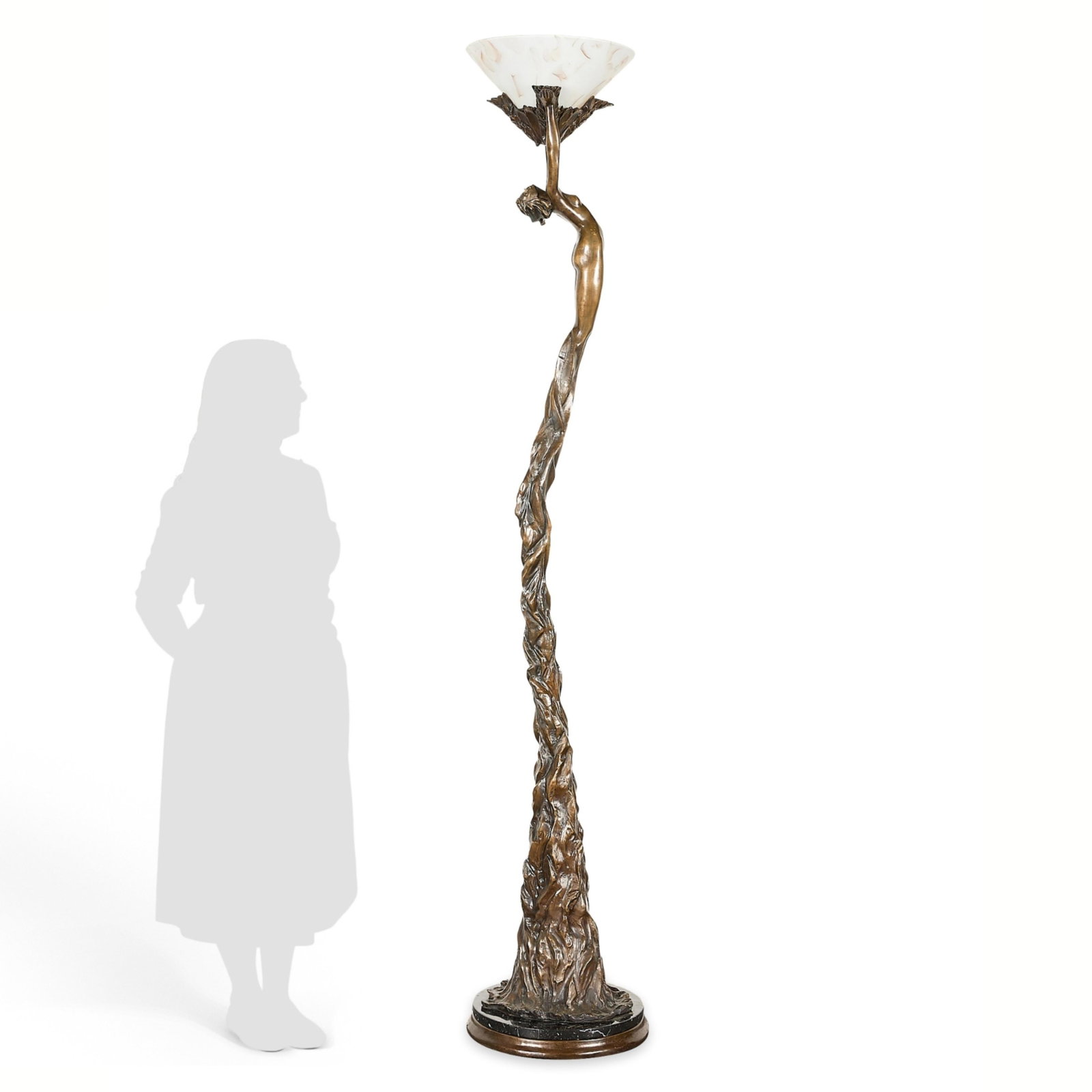 Tom Corbin Art Deco Bronze Torchiere Floor Lamp: Tom Corbin (American, b. 1954). Art Deco cast bronze sculptural torchiere floor lamp, ca. 1990. Depicting a tall and slender female figure with patina. Surmounted by a white glass conical shade. Incis
