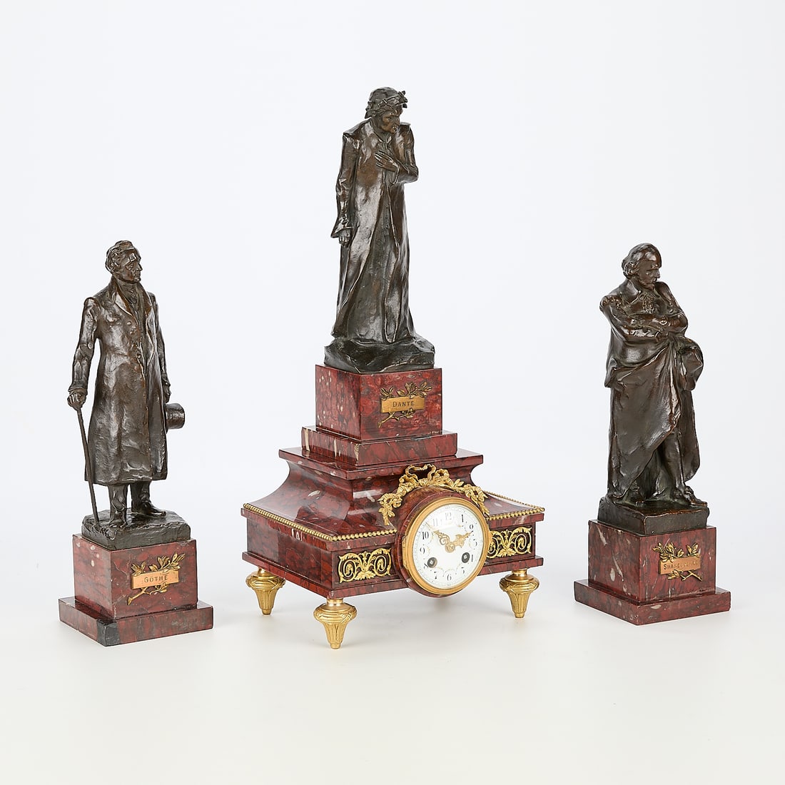 Hans Muller Garniture Set w/ Bronze Figures: Hans Muller (Austrian, 1873-1937). French style garniture set including three bronze sculptures depicting Italian writer Dante Alighieri, German polymath Johann Wolfgang von Goethe, and English playwr