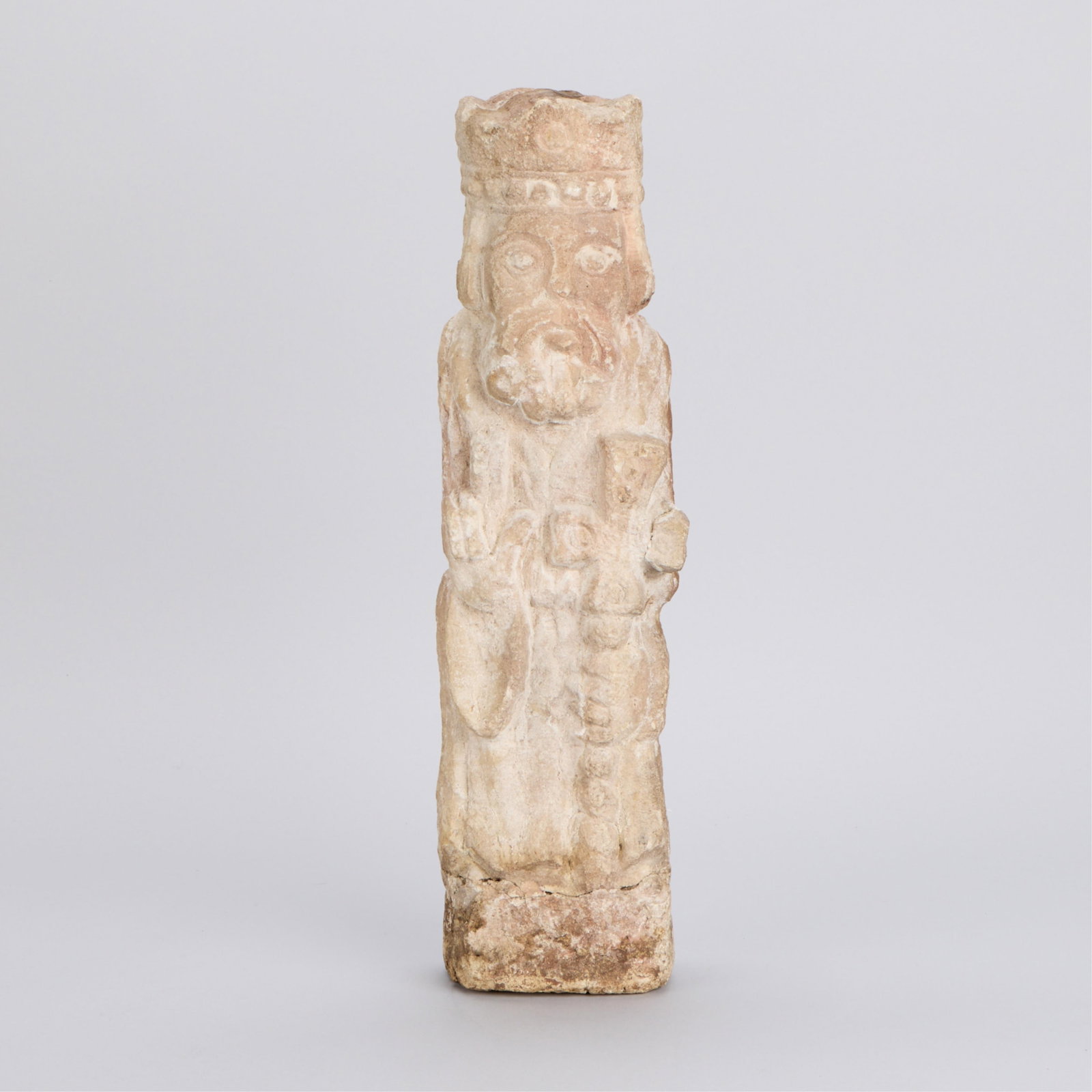 Romanesque Gothic King w/ Scepter Stone Sculpture: Romanesque or Gothic carved stone sculpture in the form of a king with a scepter or depicting a saint holding a staff. Height: 16 in x width: 4 1/2 in x depth: 3 1/4 in. Weight: 10 lbs 15 oz.