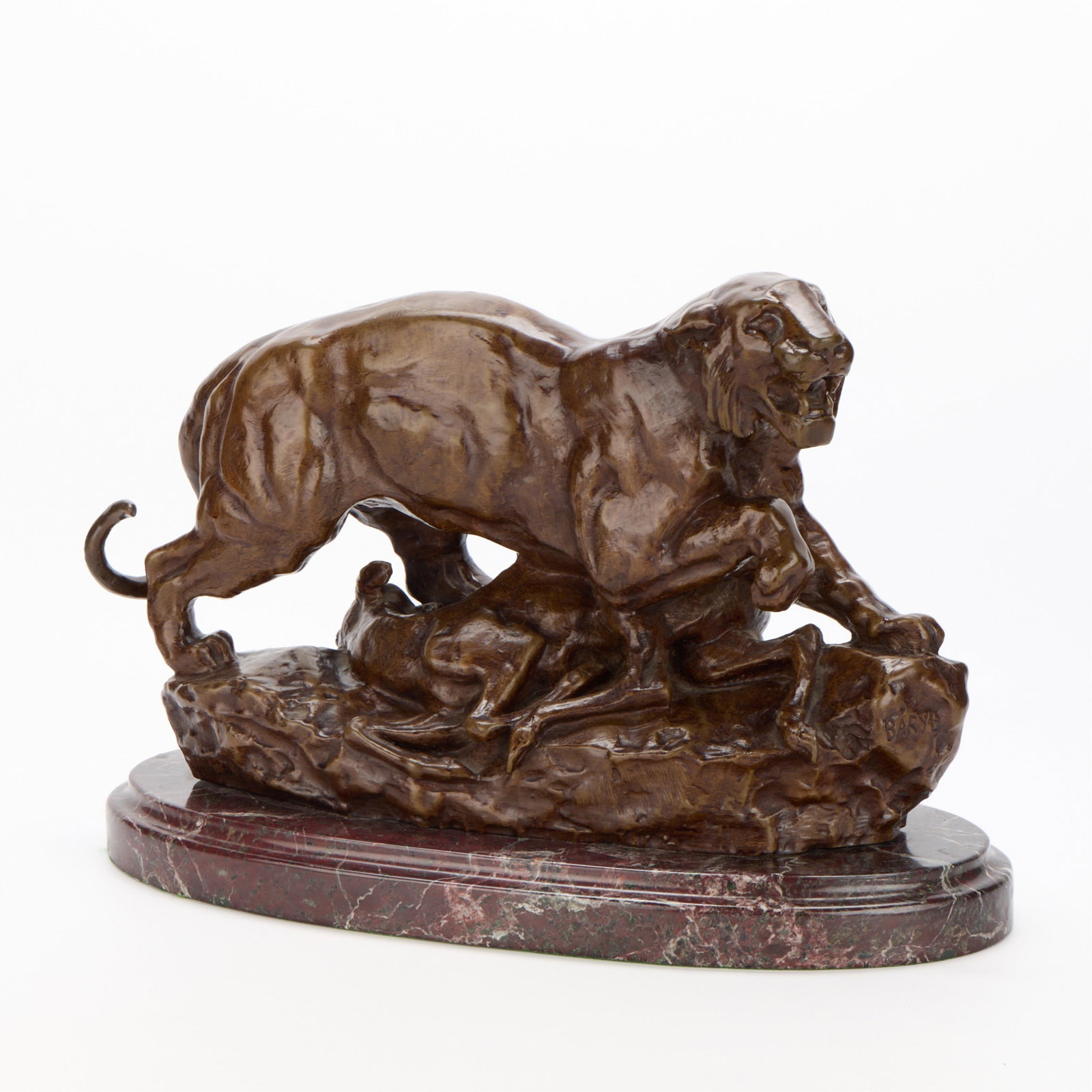 Aft. Barye "Tiger Slaying a Doe" Bronze Sculpture: After Antoine-Louis Barye (French, 1796-1875). Bronze animalier sculpture after Antoine-Louis Barye's work titled "Tigre terrassant une Biche (Tiger Slaying a Doe)," 19th century. Depicting an imposin
