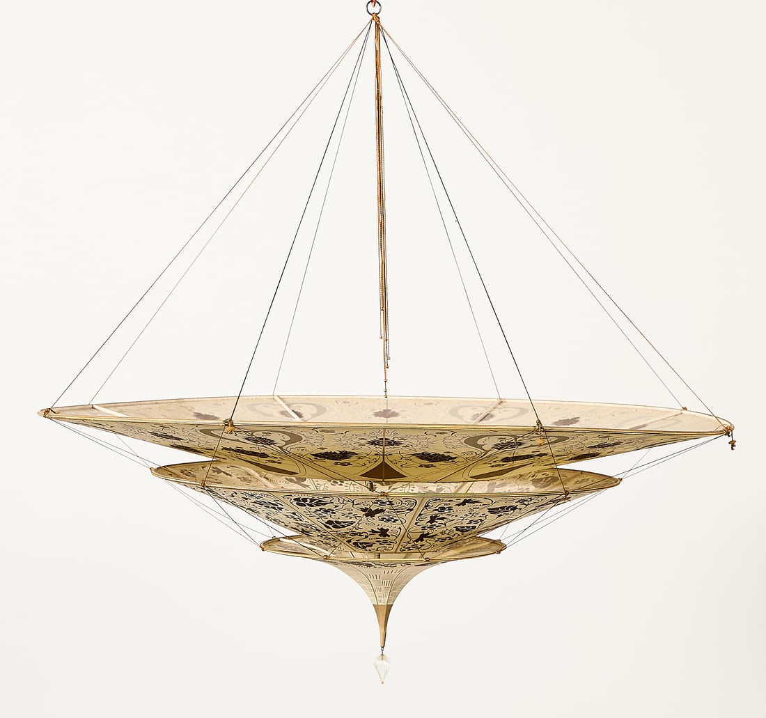 50" Fortuny Silk "Scheherazade" 3-Tier Lamp Shade: Fortuny, Italy. Large three-tiered silk "Scheherazade" pendant lamp shade or hanging chandelier. Decorated with vining grape and botanical patterns. The shade suspended from eight silk threads with Mu