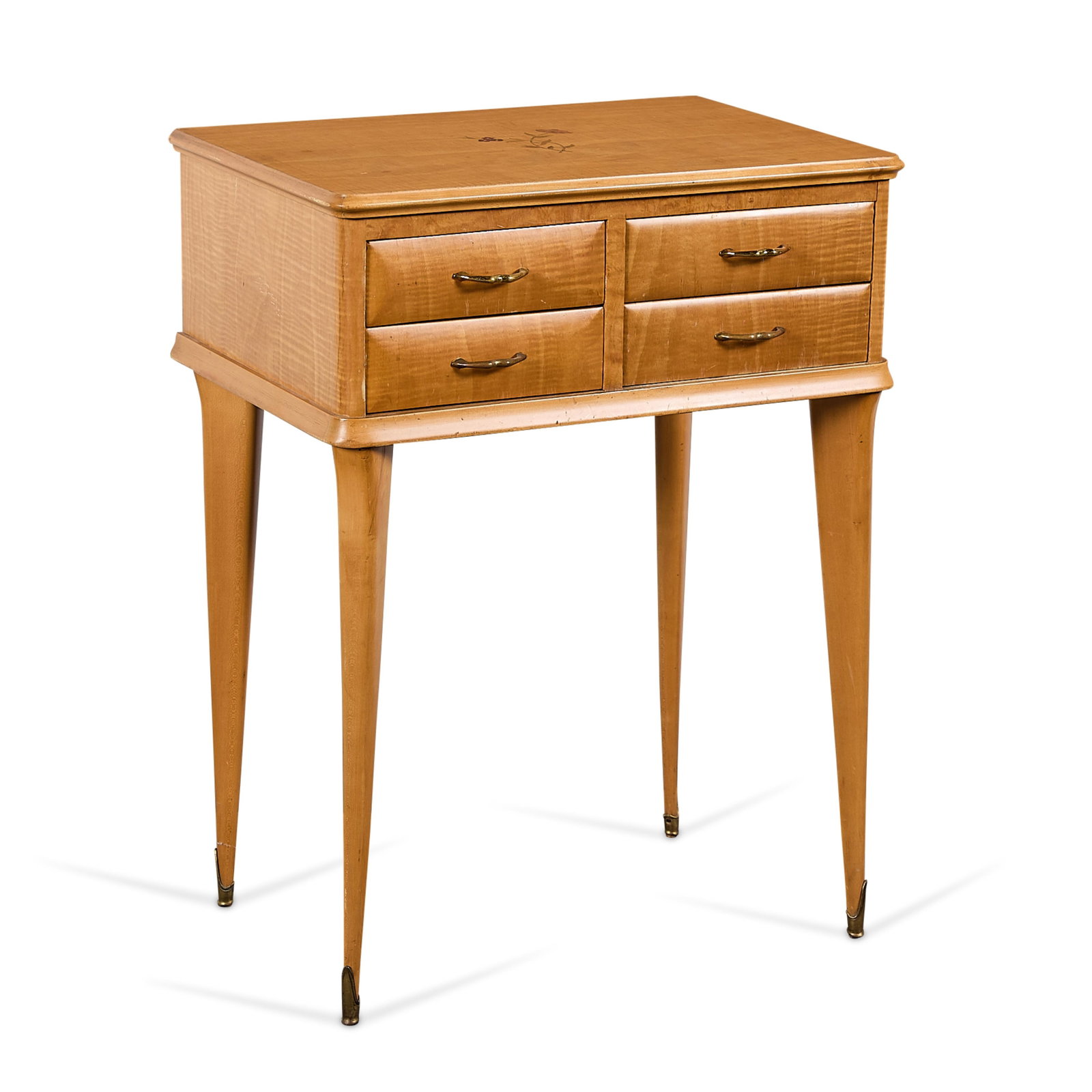 Italian MCM Inlaid Dressing Room Table: Italian mid-century modern four-drawer dressing room table or vanity, ca. 1950s. With inlaid floral motifs along the surface. Featuring a flip-up mirror top. Resting on four tapered legs. Height: 31 1