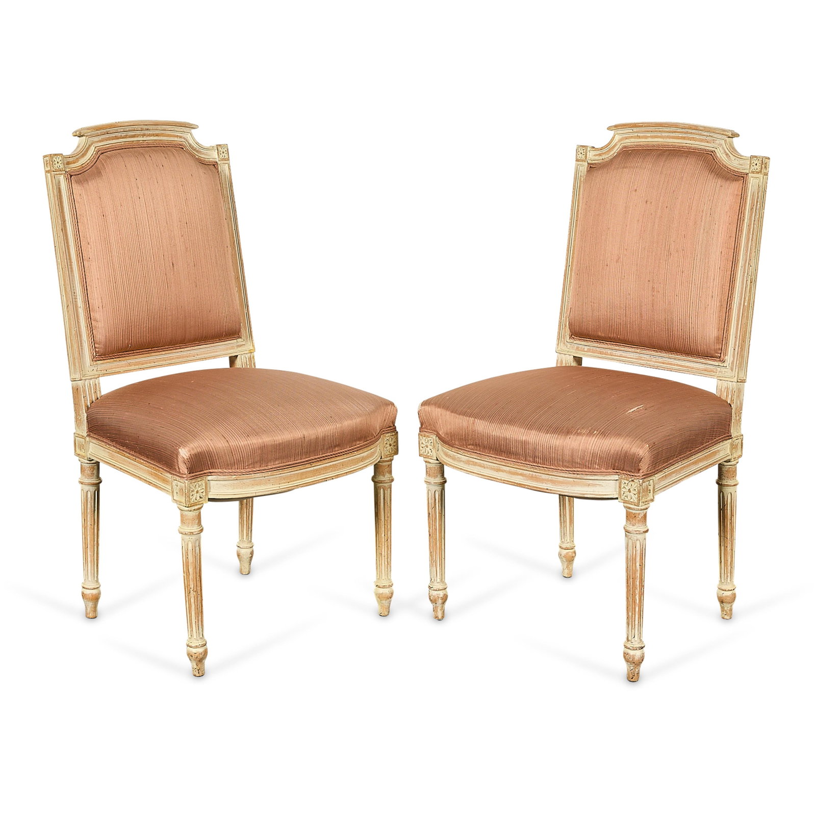 Pr Louis XVI Upholstered Dining Chaise Chairs: Pair of French Louis XVI upholstered dining chairs or chaises, 19th century. Each with a carved rectangular back and coral upholstered seat atop tapered legs. Provenance: The Distinguished Collection 