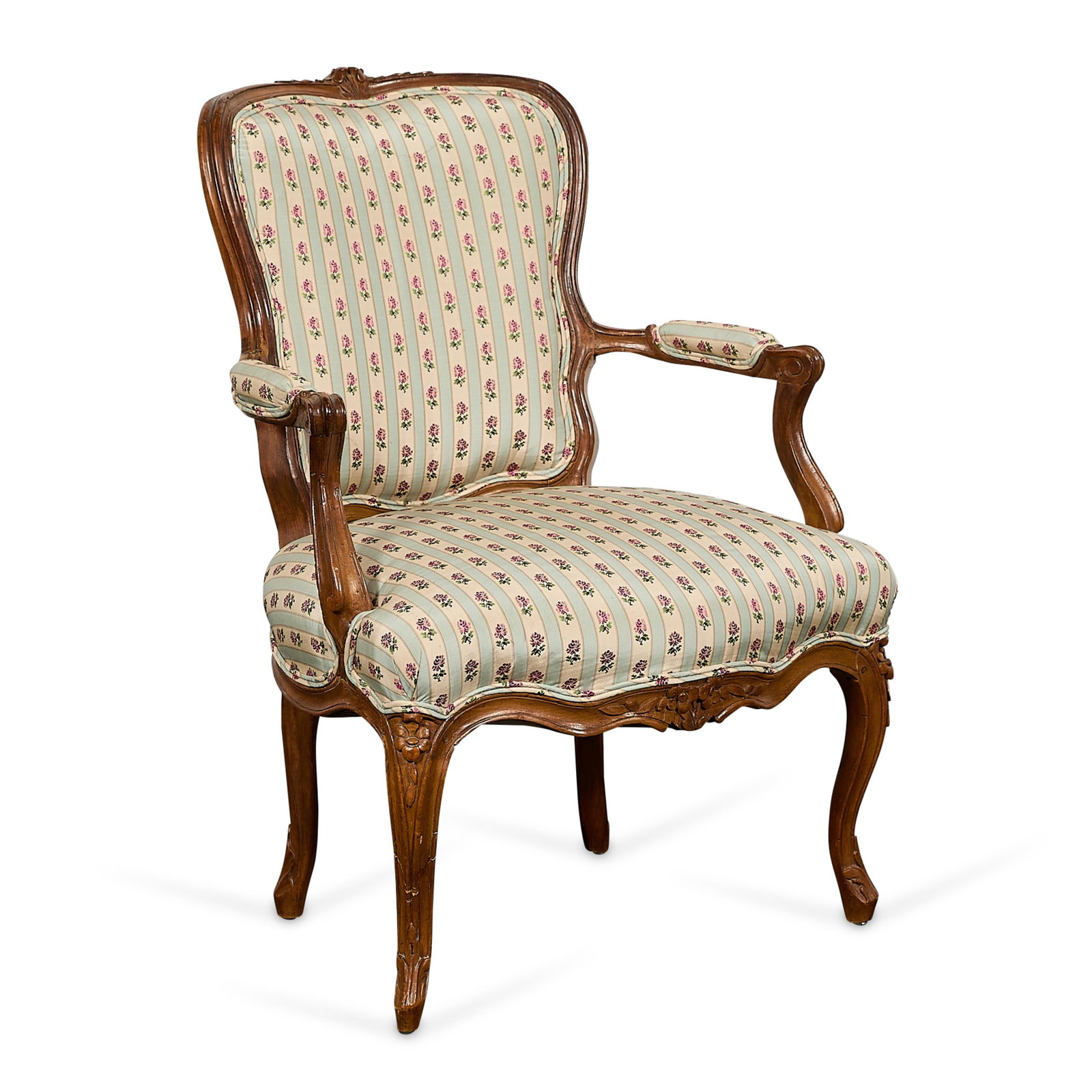 French Louis XV Upholstered Fauteuil Armchair: French Louis XV wooden fauteuil or armchair, 19th century. Featuring a shaped top rail, open arms, and striped upholstery decorated with foliate motifs. Atop cabriole legs. Height: 35 in x width: 25 i