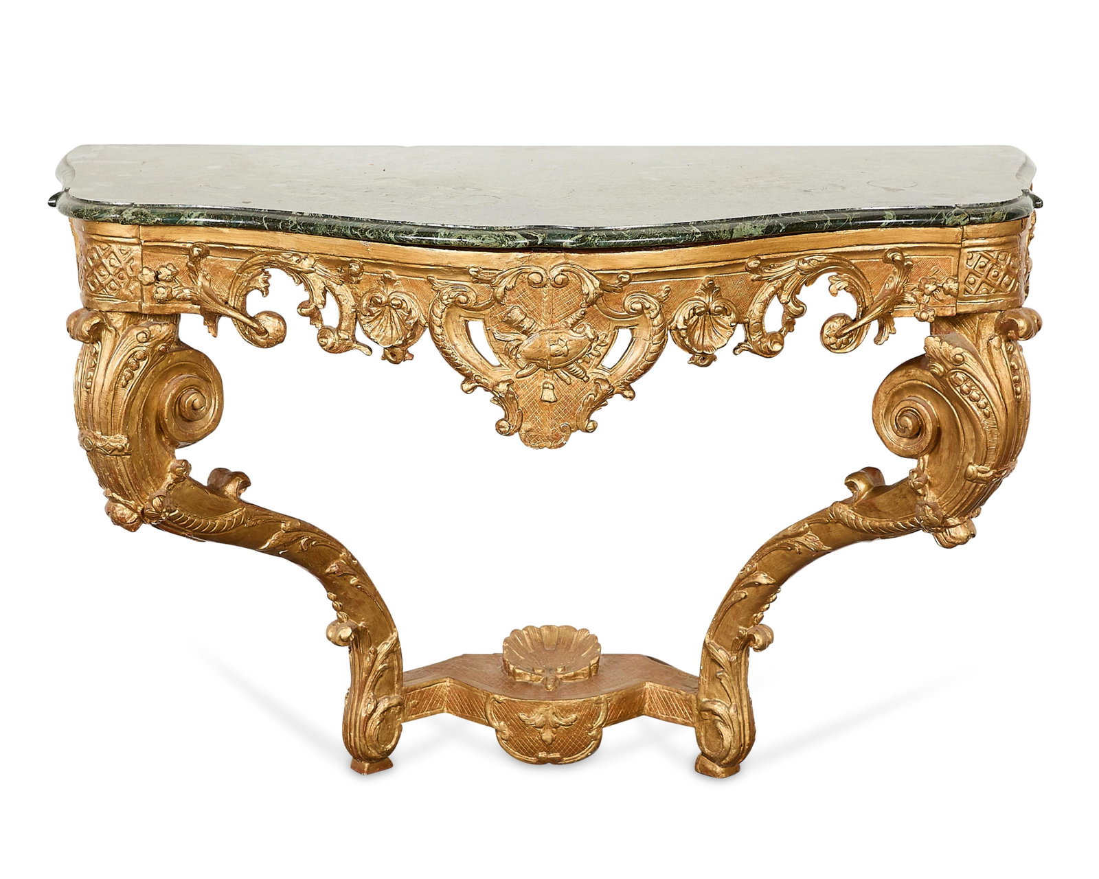 Louis XV Giltwood & Verde Marble Console Table: French early Louis XV giltwood console table with a serpentine variegated verde antico green marble top, mid-18th century. Featuring a shaped frieze with pierced scrollwork elements flanking a central