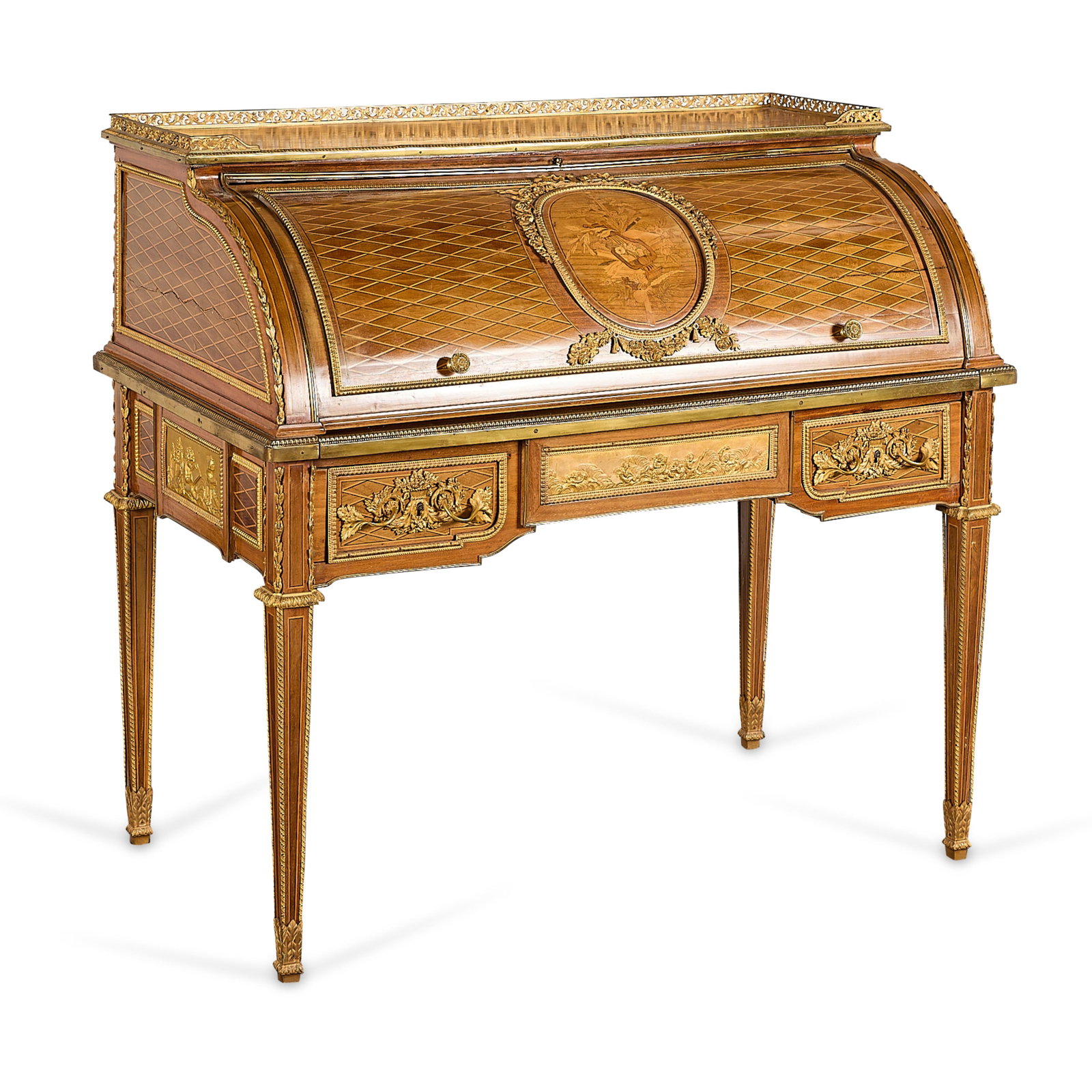 French Ormolu-Mounted Marquetry & Parquetry Bureau: Late 19th century French ormolu-mounted marquetry and parquetry bureau a cylindre; after a model by Jean-Henri Riesener (German, 1734-1806). The rectangular top with a three-quarter pierced brass gall