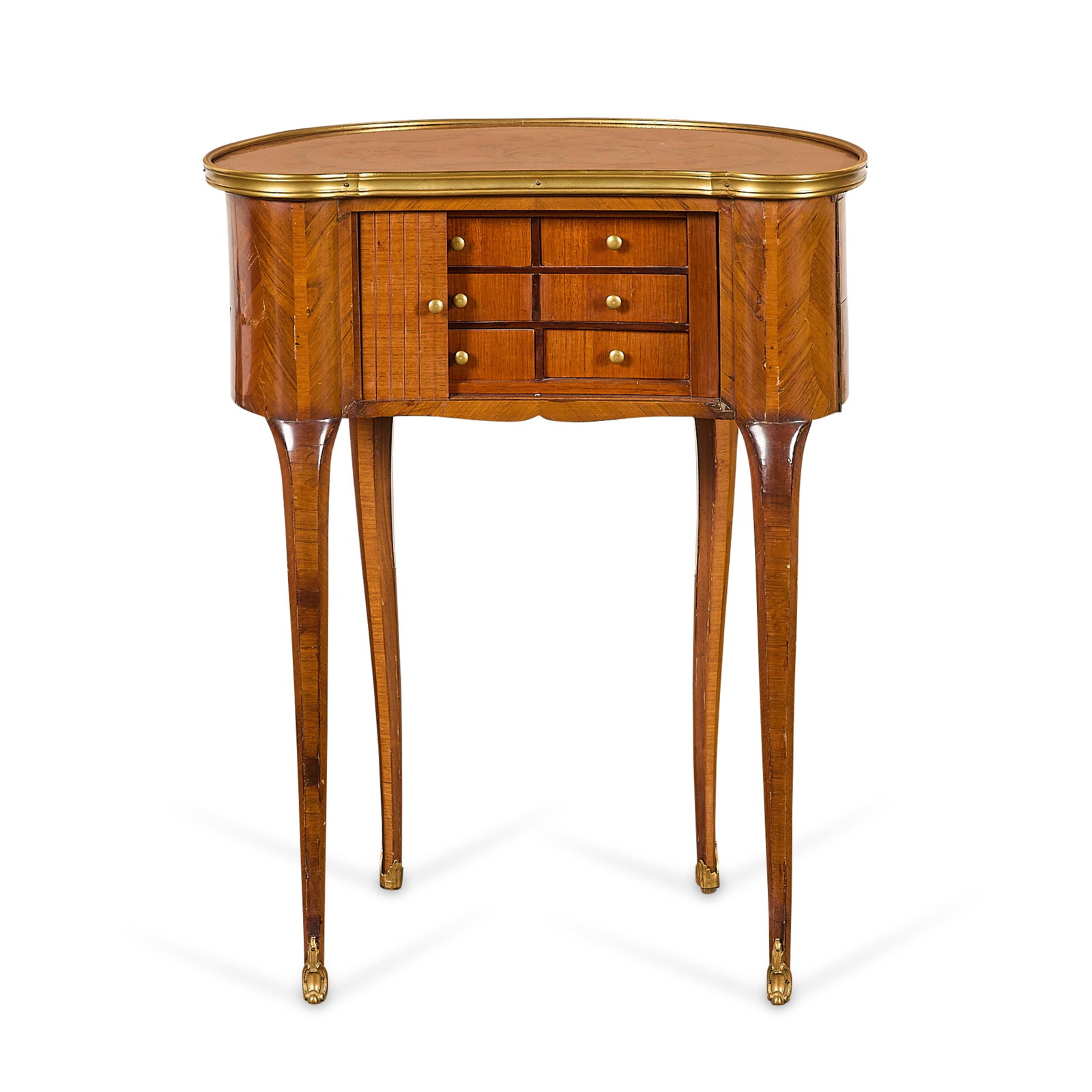 Louis XV Kingwood Kidney Occasional Table: Louis XV kingwood kidney-shaped occasional, writing, salon, or side table, 18th century. Featuring a central tambour accordion shutter door, inlaid floral marquetry, and six drawers. Atop cabriole leg