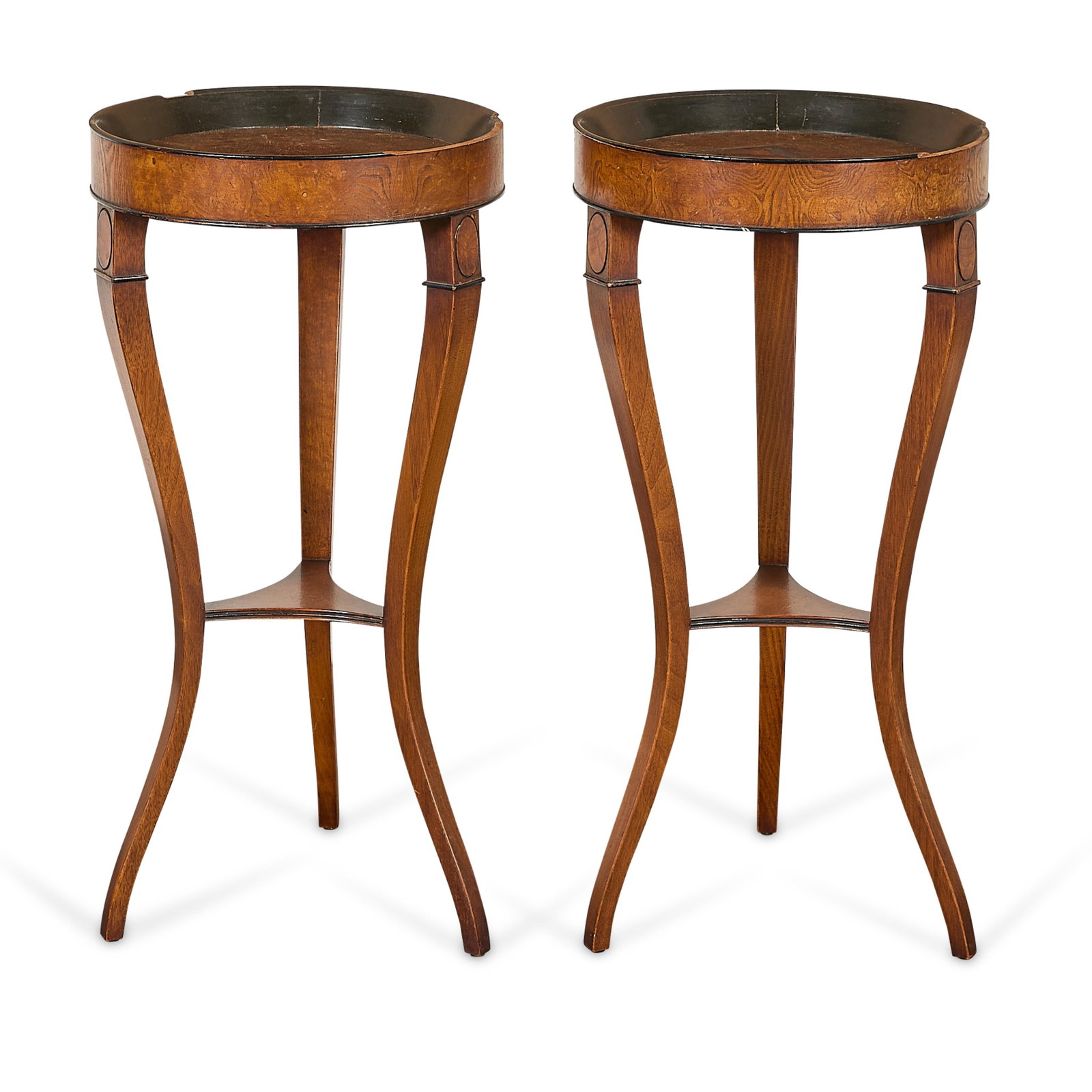 Pr Early 20th c. Biedermeier Style Gueridons: Barnard & Simonds Company, Rochester, New York. Pair of early 20th century Biedermeier style ebonized oak tripod gueridons. Each with an inset circular top above a simplistic apron highlighting the ri