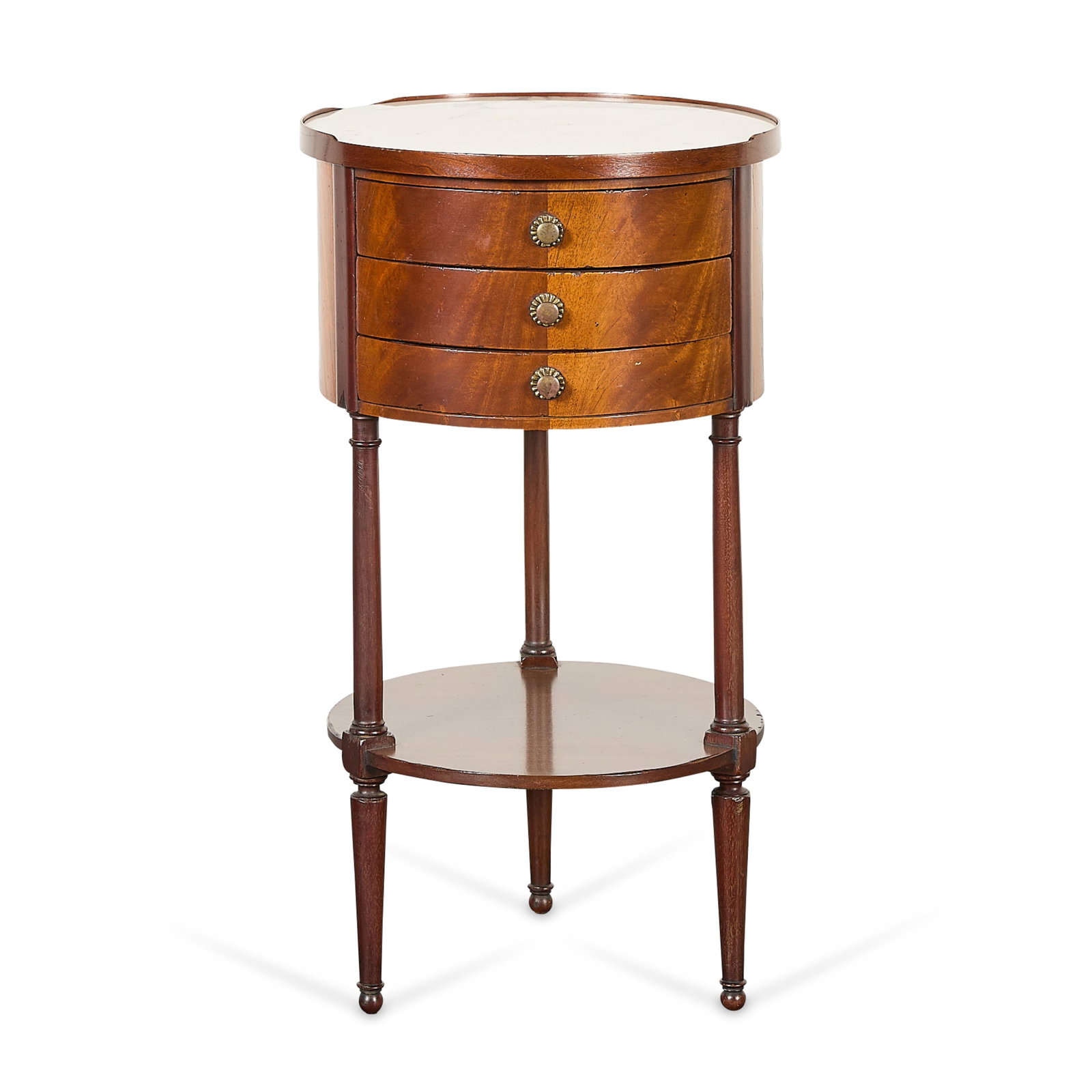 Early 20th c. Louis XVI Style Chiffonier Table: Early 20th century Louis XVI style chiffonier table with a circular inset marble top. Marble top featuring pronounced charcoal grey veins against a white ground. With three curved frieze drawers with 