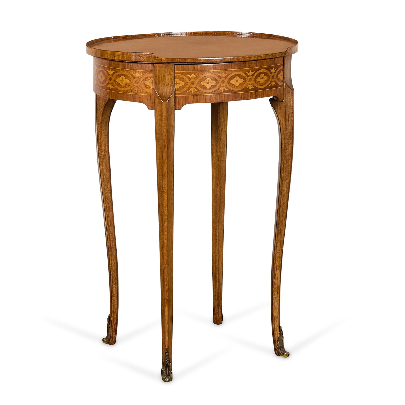 Louis XV Style Occasional Walnut Marquetry Table: Louis XV style gueridon occasional walnut marquetry table, circa 19th or 20th century. The table's surface is of oval form with quatrefoil and rosette marquetry designs along the apron. A hidden drawe