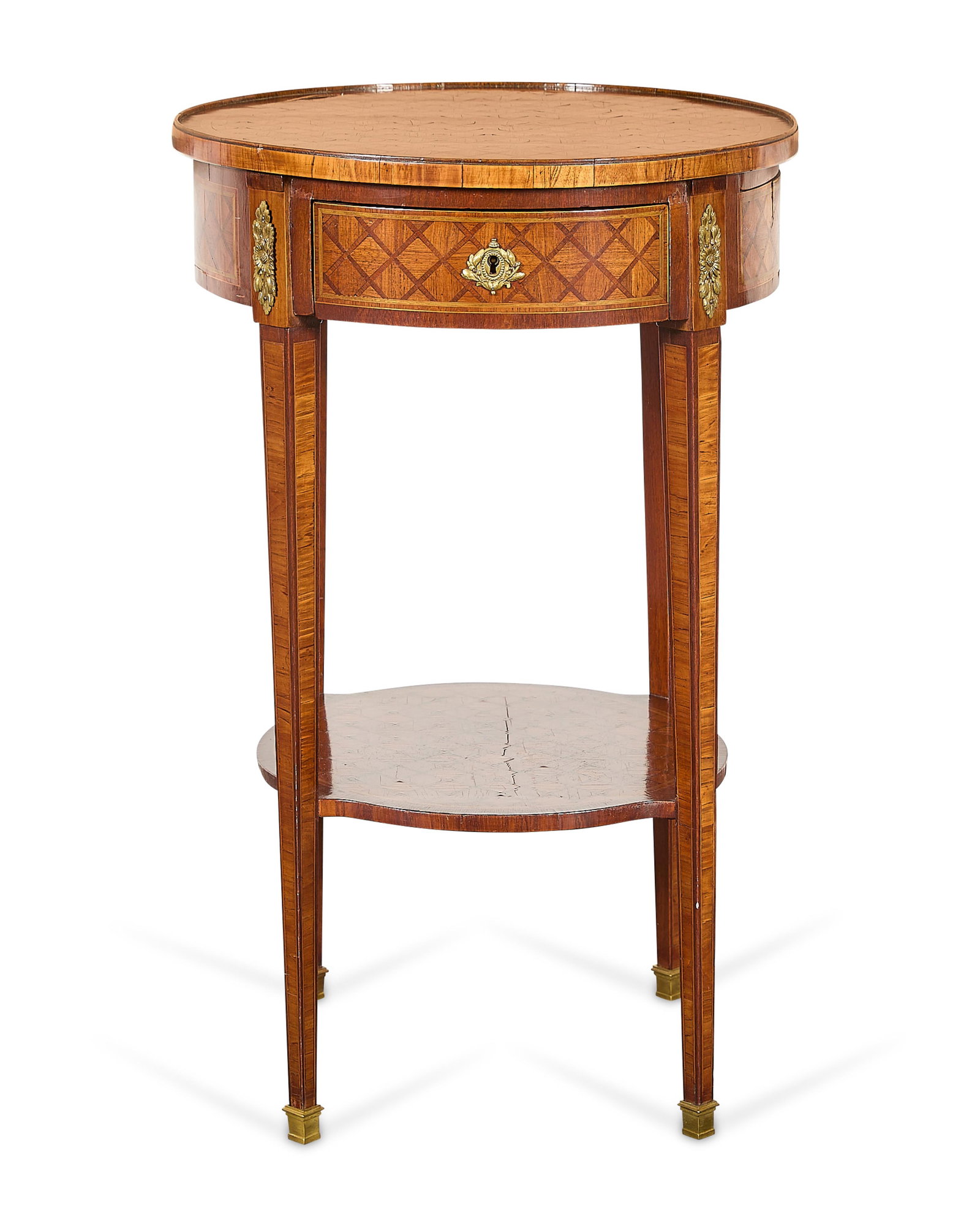 French Louis XVI Kingwood Parquetry Side Table: French Louis XVI occasional kingwood side table, nightstand, or table de nuit with inlaid parquetry, 19th century. Featuring applied gilt metal foliate mounts, a central drawer, and tapered legs joine